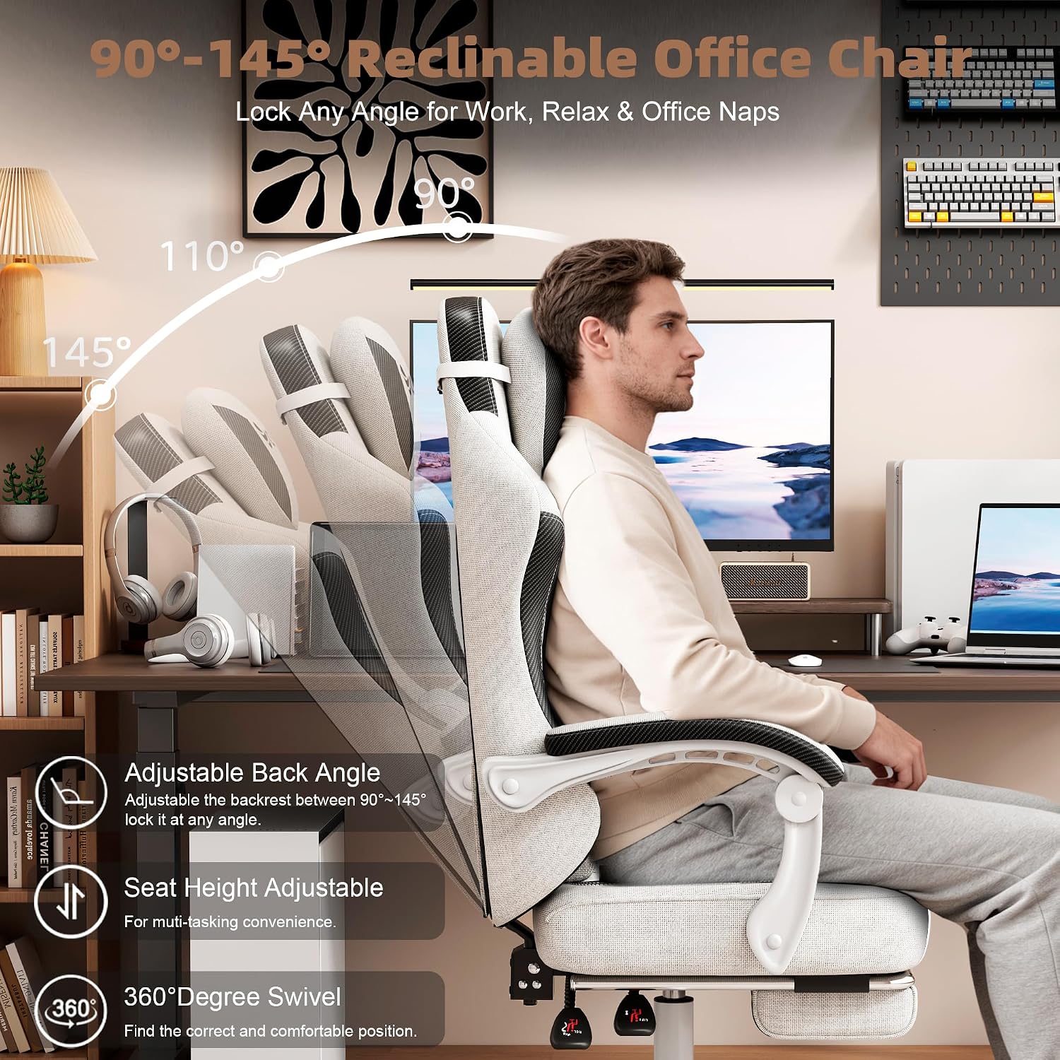 Vonesse Office Chair, Gaming Chair with Linen Breathable Mesh Fabric, Desk Chair with Adjustable Lumbar Support, Executive Computer Chairs with Footrest and Headrest (Beige White)