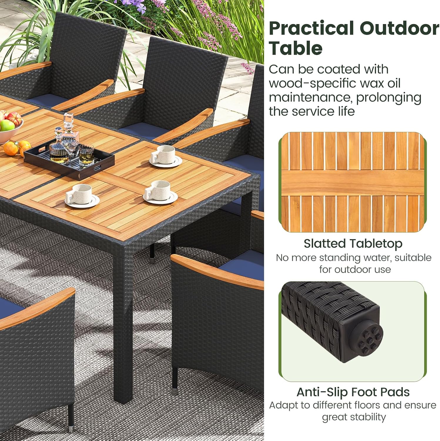 COSTWAY 9-Piece Patio Dining Set for 8, Outdoor Rattan Wicker Table and Chairs Furniture Set with Umbrella Hole, Acacia Wood Tabletop for Backyard, Balcony, Poolside, Black & Navy