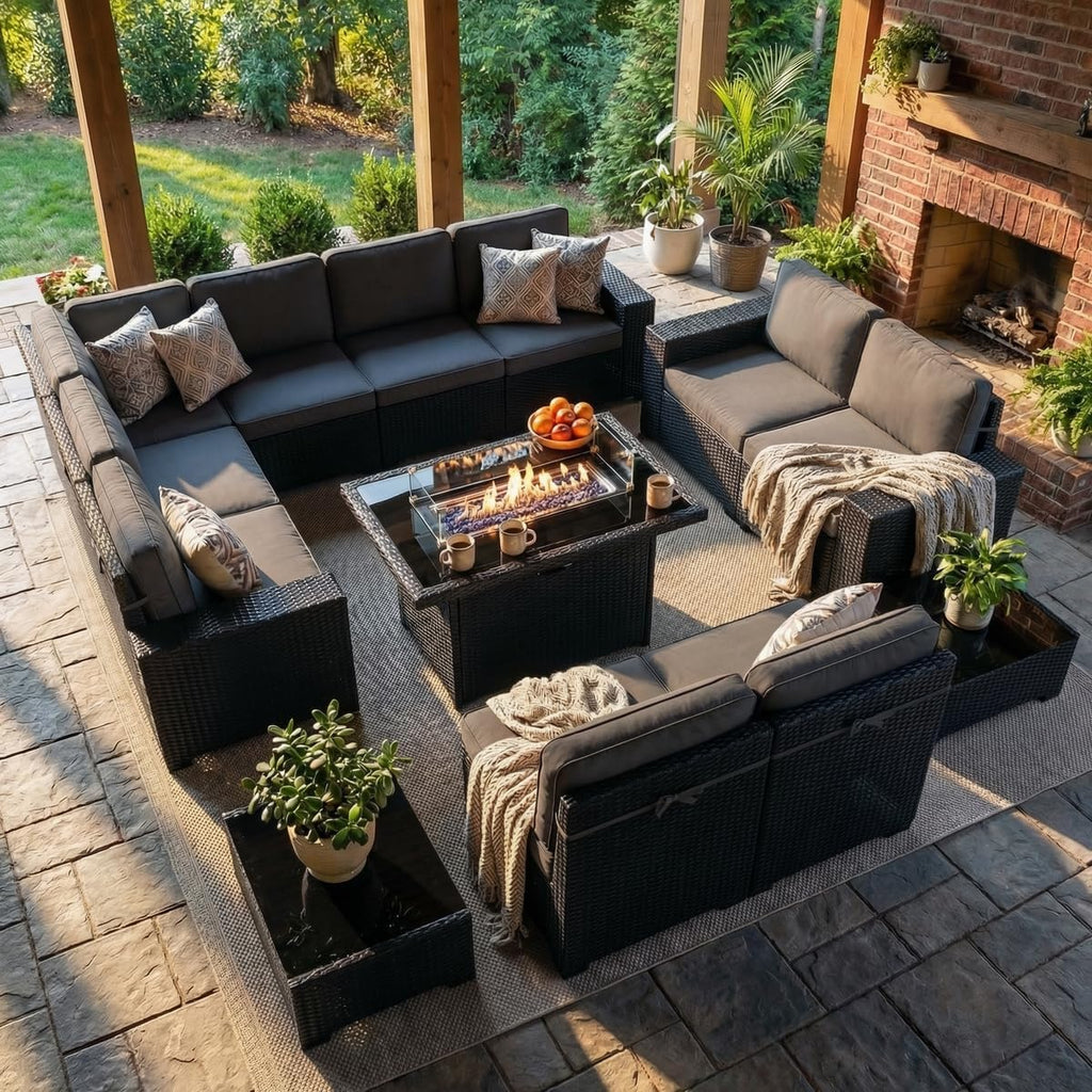 LayinSun 13 Pieces Outdoor Patio Furniture Set with 44' Fire Pit Table Rattan Sectional Sofa Conversation Sets