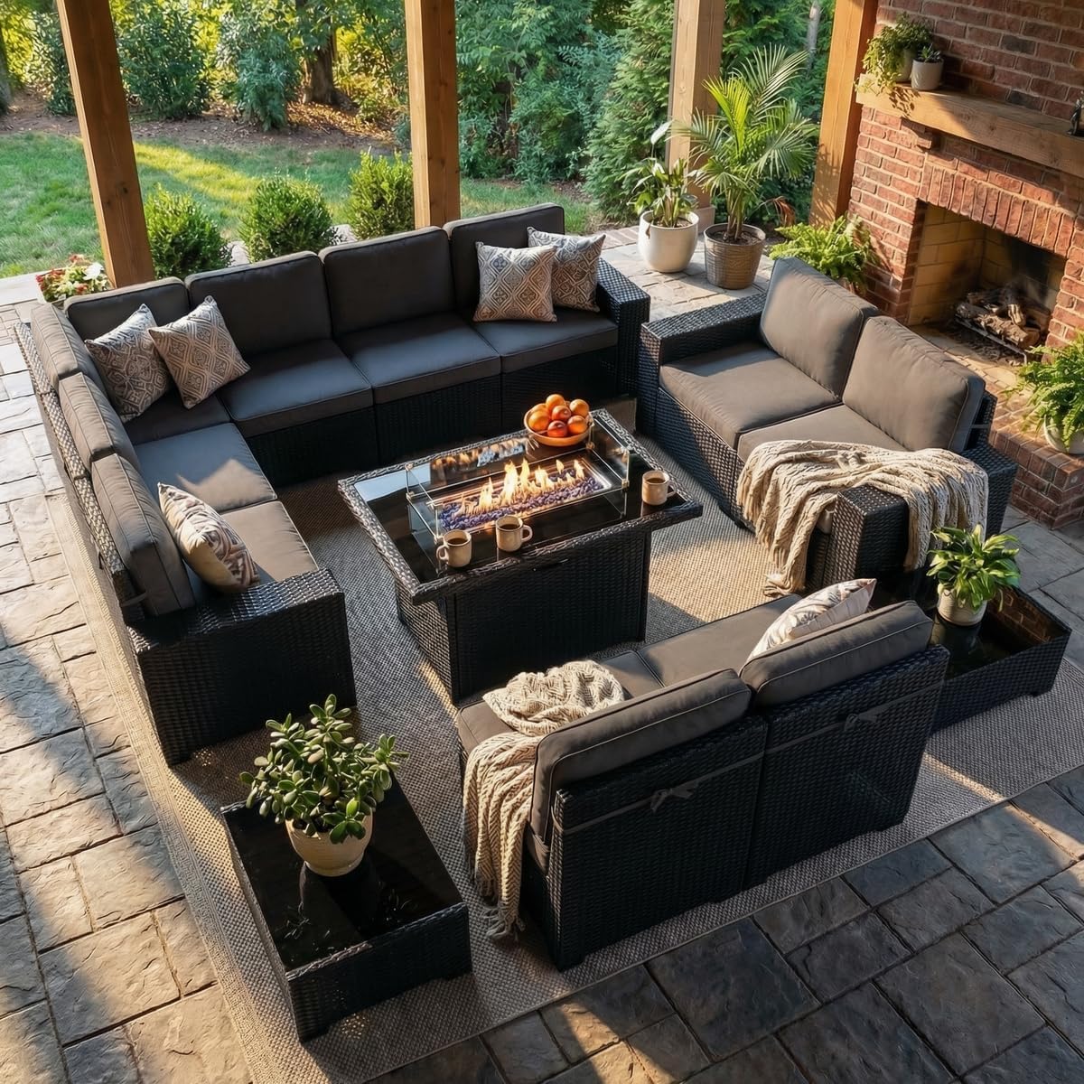 LayinSun 13 Pieces Outdoor Patio Furniture Set with 44' Fire Pit Table Rattan Sectional Sofa Conversation Sets