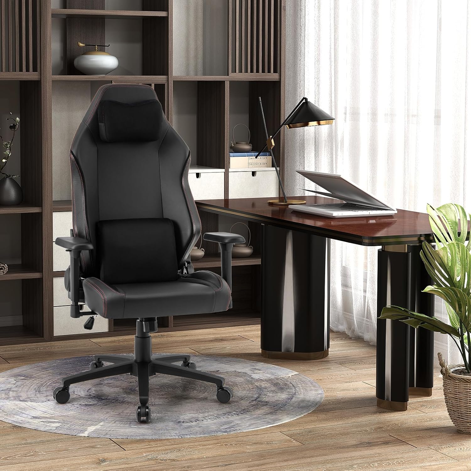 Giantex Gaming Chair, Video Game Chair with Magnetic Headrest & Lumbar Support, Ergonomic Computer Chair w/Rocking Function & 2D Armrests, Height Adjustable Swivel Task Chair, Black