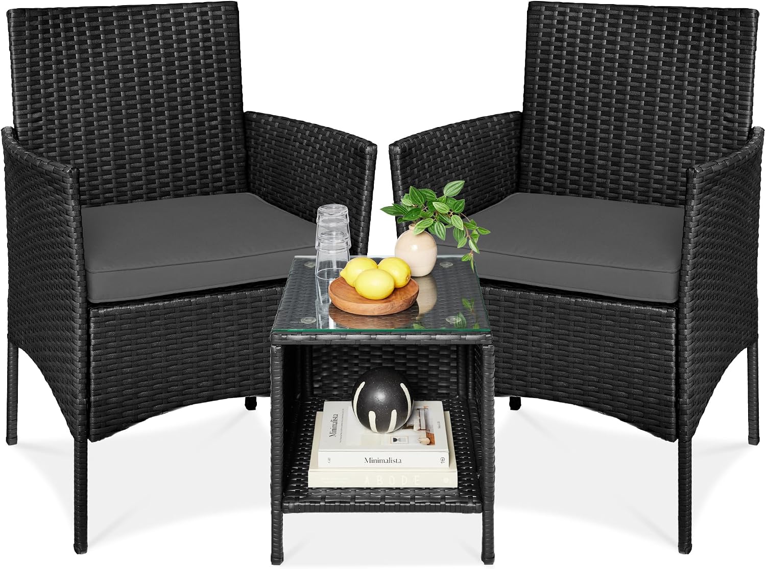 Best Choice Products 3-Piece Outdoor Wicker Conversation Bistro Set, Space Saving Patio Furniture for Garden w/Side Table - Black/Gray