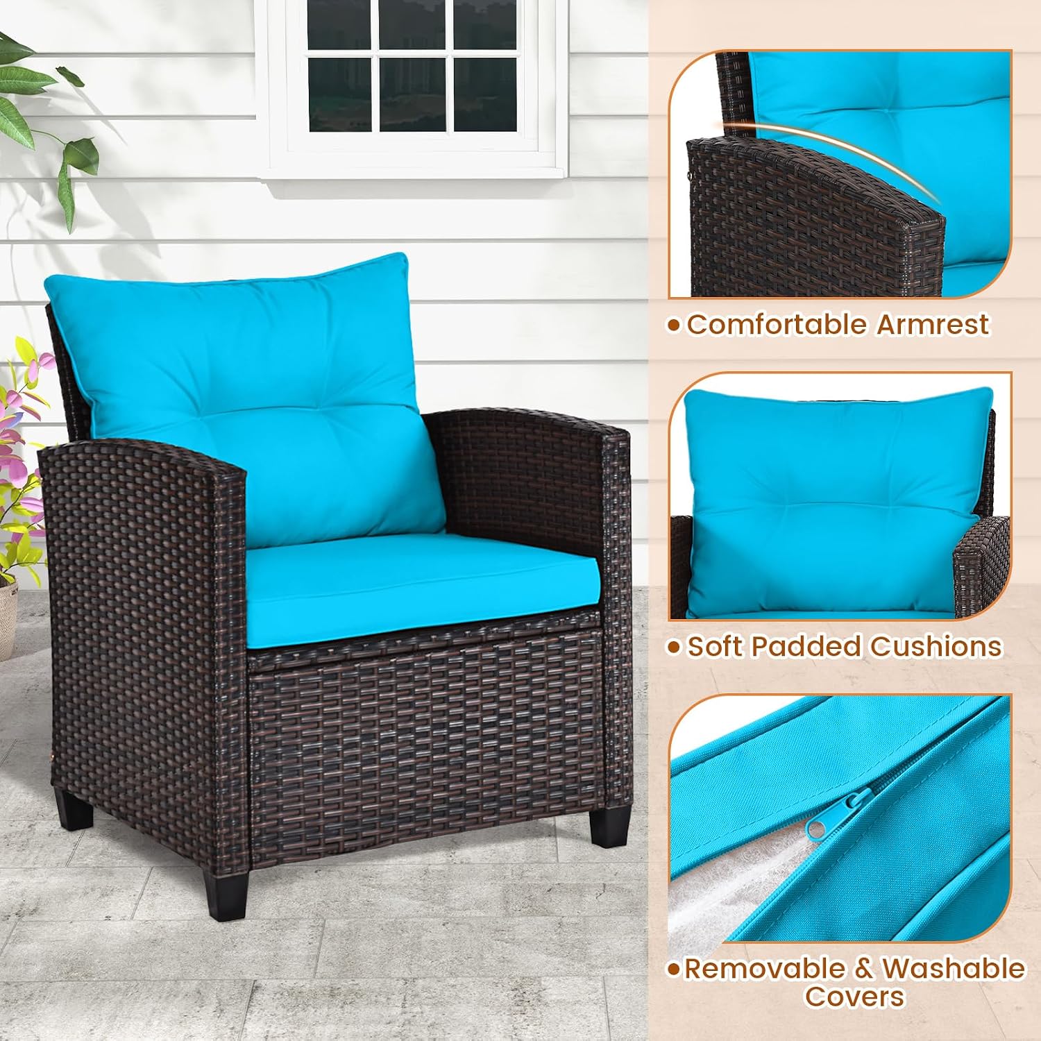 ORALNER 3 Pieces Patio Furniture Set, Outdoor Wicker Conversation Set Rattan Chairs with Cushions, Glass Coffee Table, Bistro Set for Front Porch Balcony Garden Deck Poolside (Turquoise)