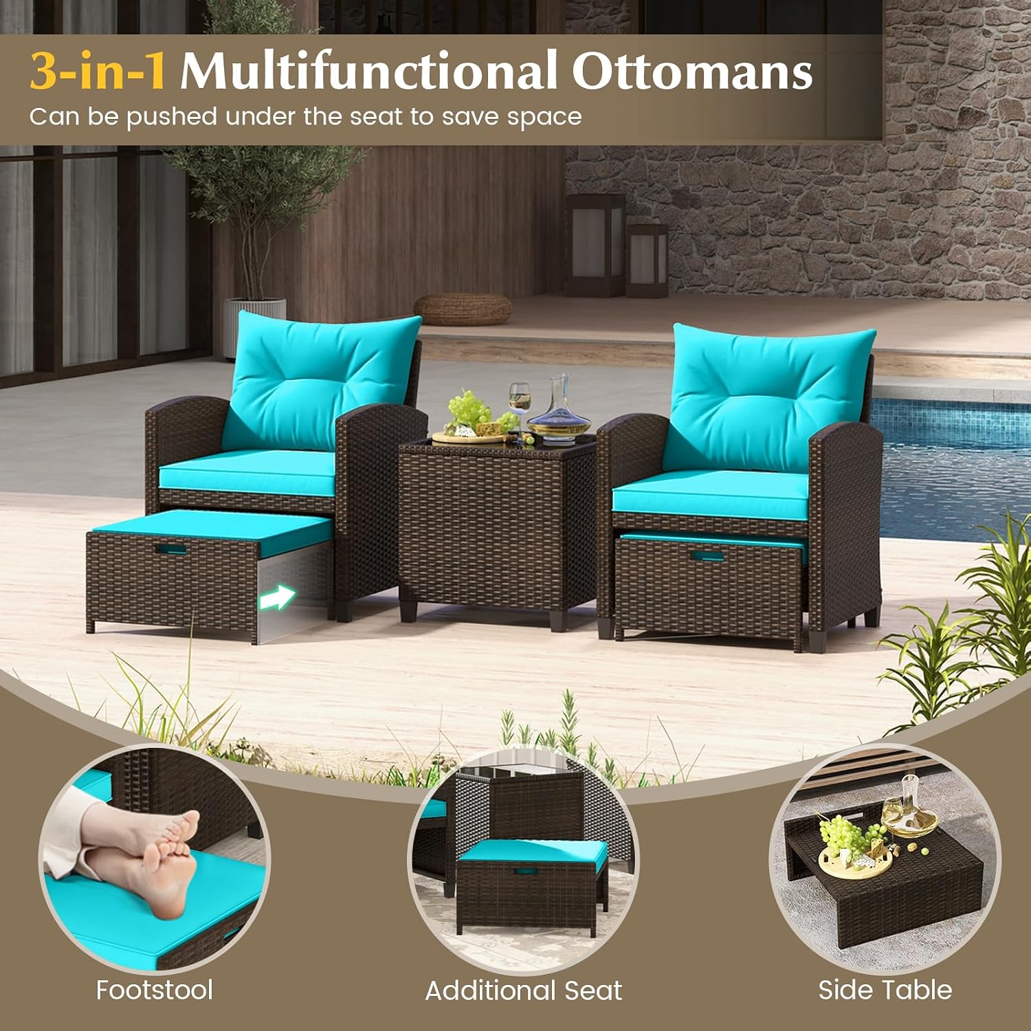 KOTEK 5 Pieces Patio Furniture Set with Ottomans, Wicker Patio Conversation Set with Coffee Table & Cushions, PE Rattan Outdoor Lounge Chairs for Backyard, Porch, Poolside (Mix Brown- Turquoise)