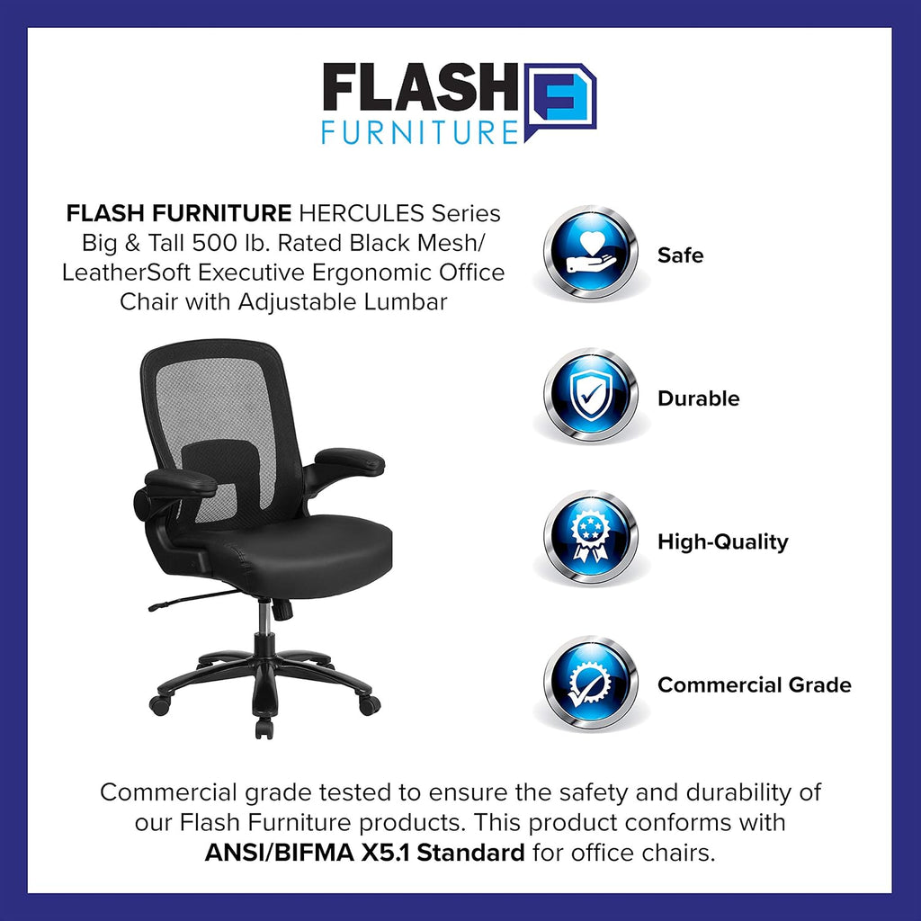 Flash Furniture Big & Tall Swivel Office and Gaming Chair with LeatherSoft Seat, Mesh Office Chair with Flip-Up Armrests and Adjustable Height, Black