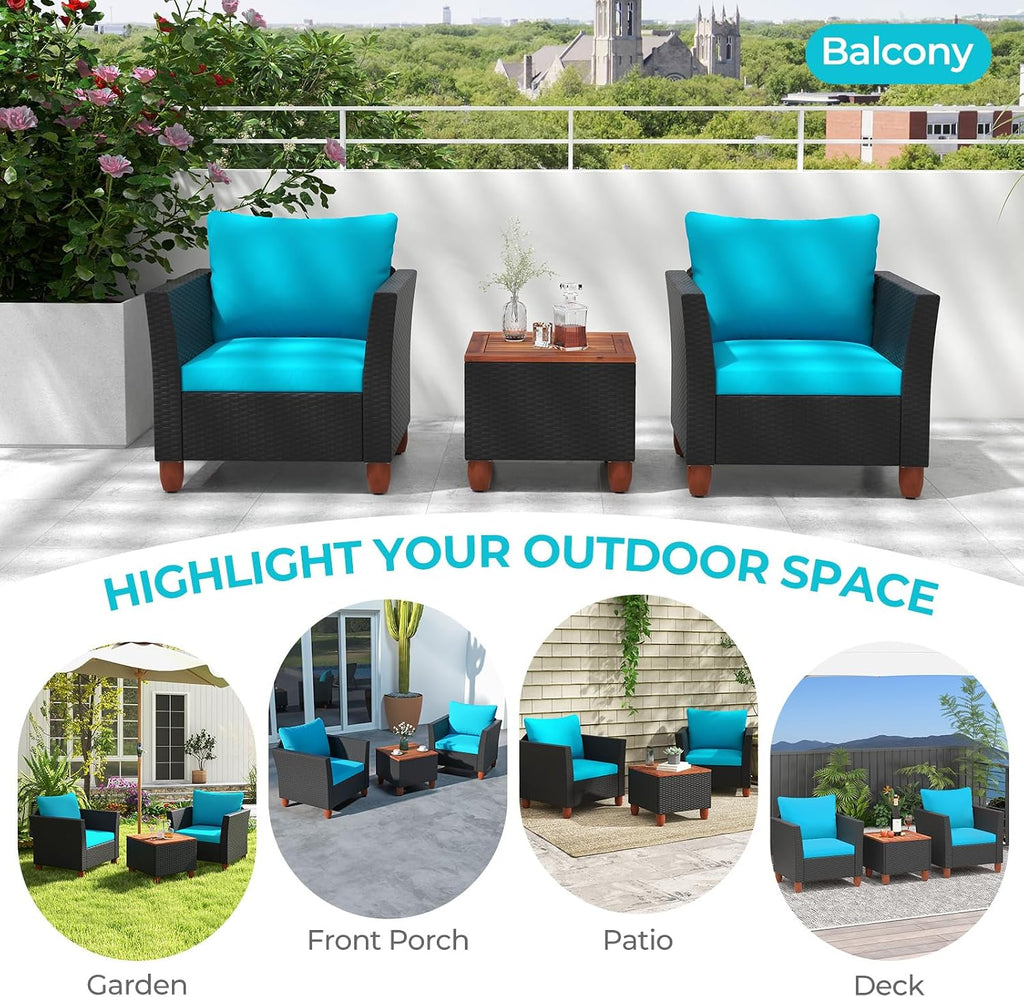 ORALNER 3 Pieces Patio Furniture Set, Outdoor Wicker Conversation Chairs with Cushion, Acacia Coffee Table, Rattan Bistro Set for Balcony Garden Backyard Front Porch Poolside (Turquoise)