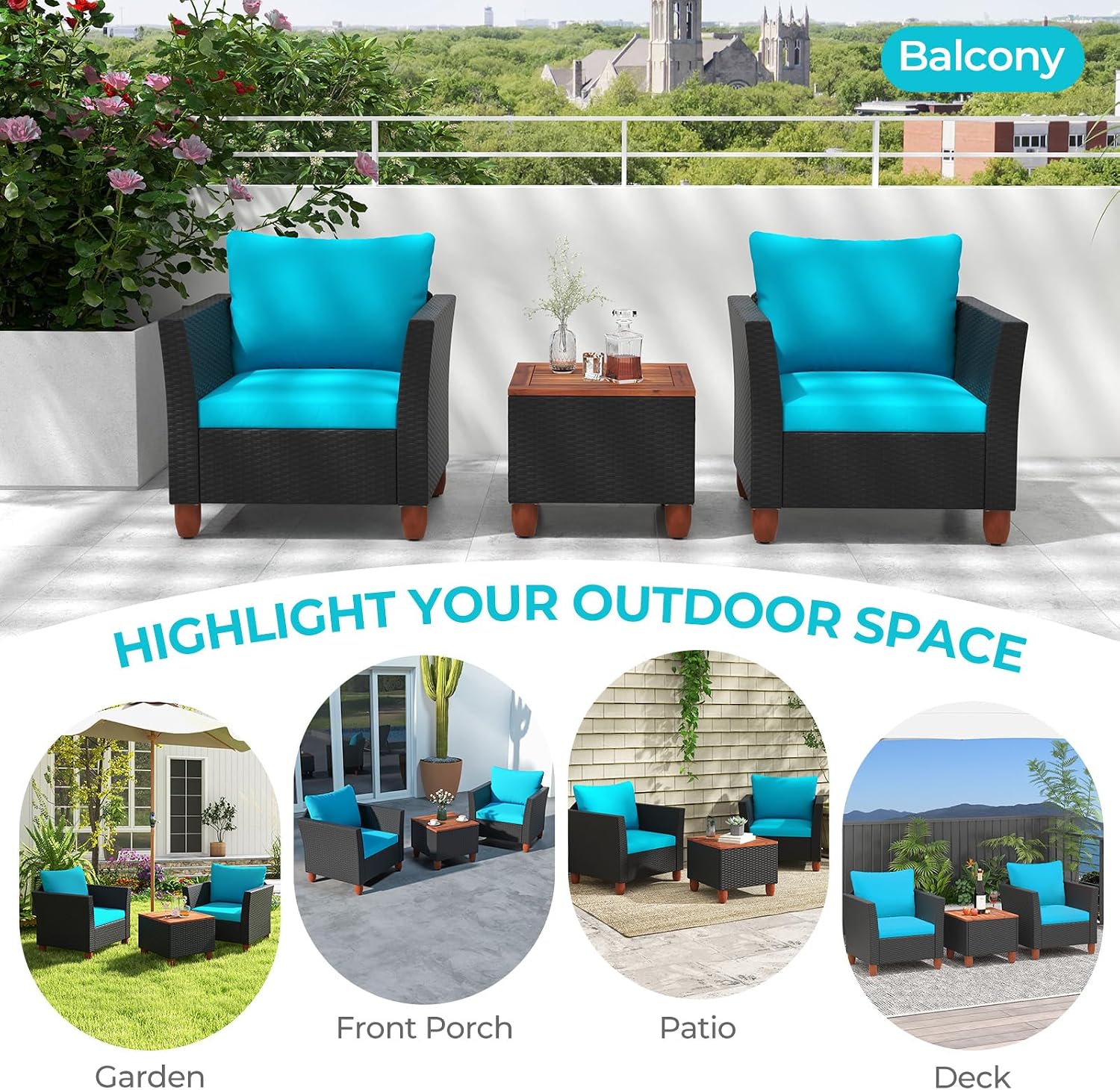 ORALNER 3 Pieces Patio Furniture Set, Outdoor Wicker Conversation Chairs with Cushion, Acacia Coffee Table, Rattan Bistro Set for Balcony Garden Backyard Front Porch Poolside (Turquoise)