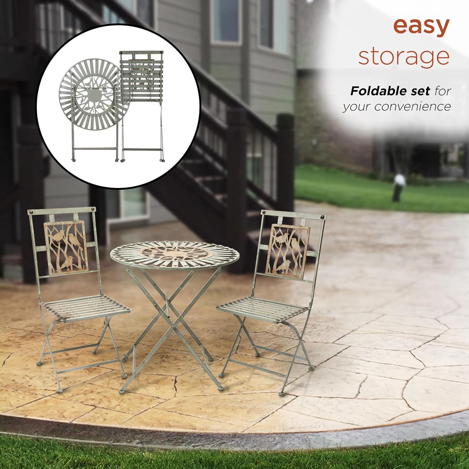 Alpine Corporation Indoor/Outdoor Bird Design 3-Piece Bistro Set Folding Table and Chairs Patio Seating