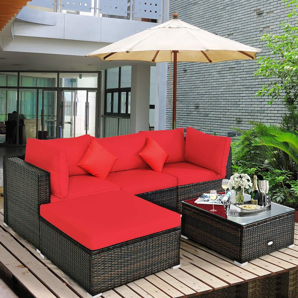 COSTWAY 5-Piece Outdoor Patio Furniture Set, Glass Top Coffee Table and Lounge Sofa with Cushions, PE Rattan Conversation Set for Garden, Deck, Backyard (Red)