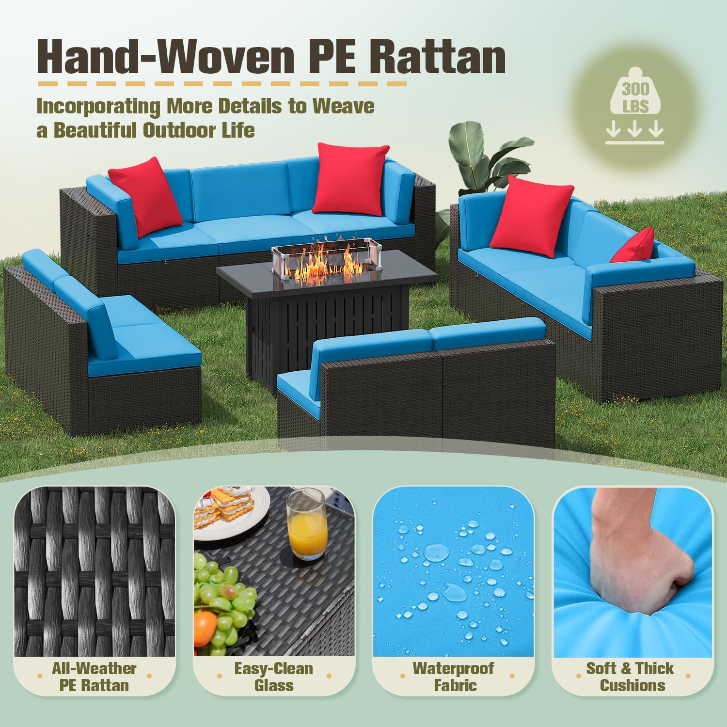 Greesum Patio Furniture Sets 11-Pieces Outdoor PE Rattan Sectional Sofa w/43in Gas Fire Pit Table 55000 BTU Add Warmth to Gatherings Parties On Deck Garden Backyard,Blue