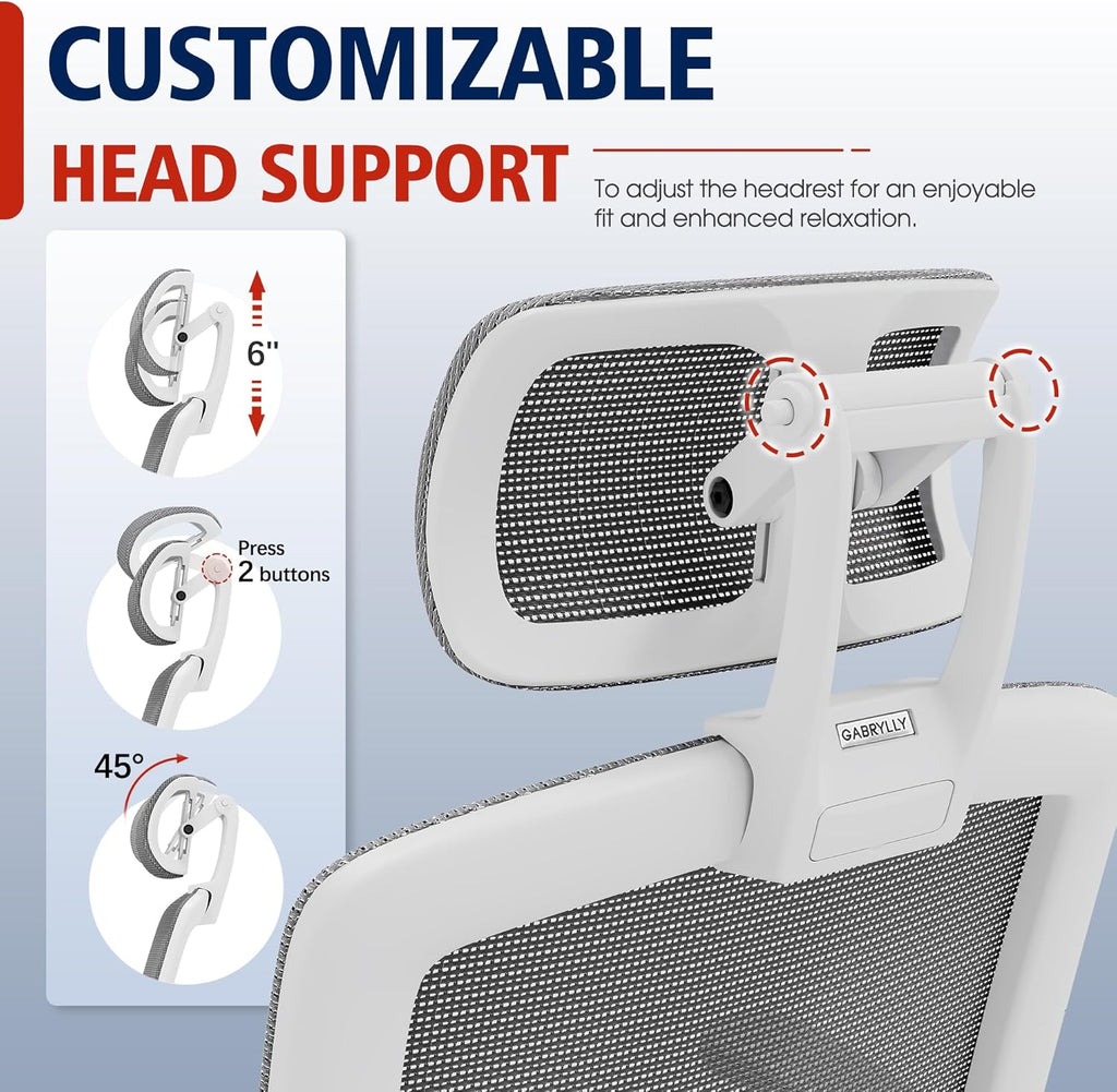 GABRYLLY Ergonomic Office Chair, High Back Home Desk Chair with Headrest, Flip-Up Arms, 90-120° Tilt Lock and Wide Cushion, 300LBS Mesh Chairs for Man Woman, White Task Chair(Dark Grey,GY01WDG)
