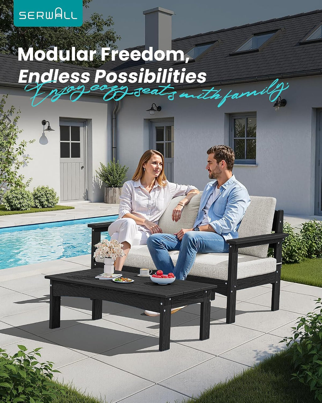 SERWALL HDPE Outdoor Coffee Table, All-Weather Patio Side Table, Durable Patio Furniture Table for Garden, Deck, Porch, Poolside, Black