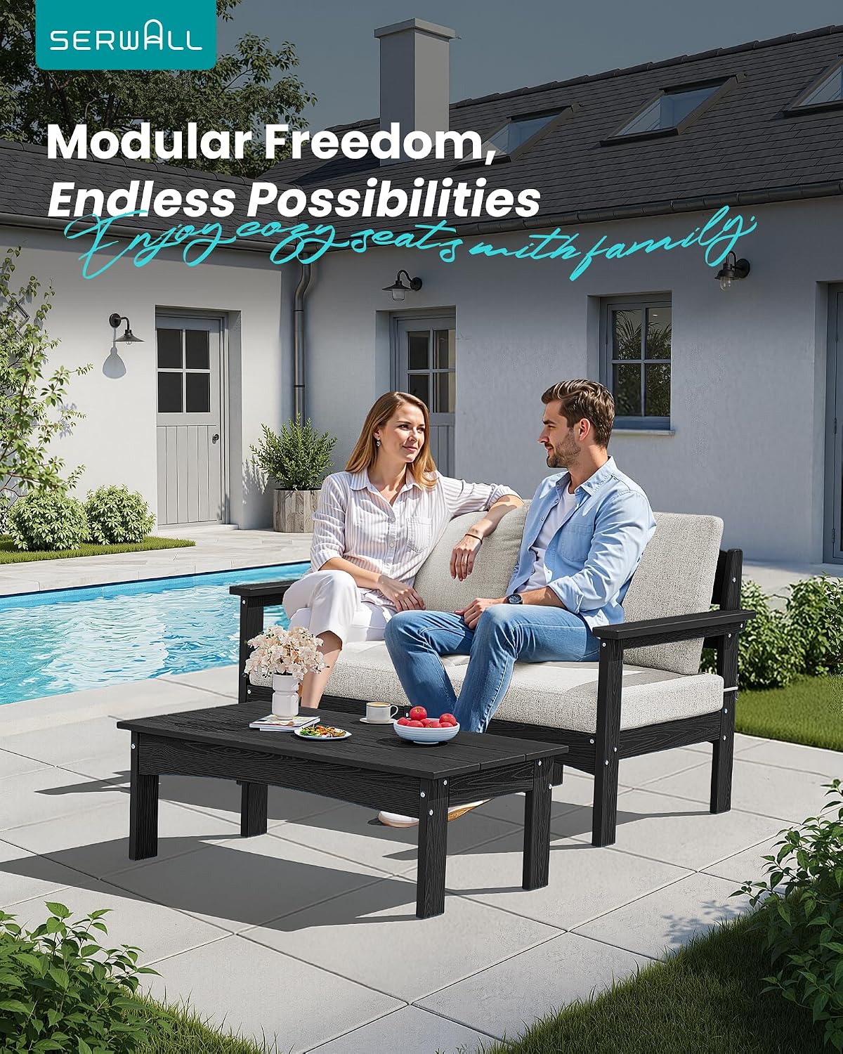 SERWALL HDPE Outdoor Coffee Table, All-Weather Patio Side Table, Durable Patio Furniture Table for Garden, Deck, Porch, Poolside, Black