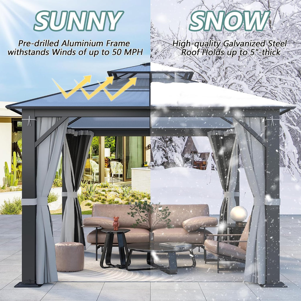 10'x10' Hardtop Gazebo, Upgrade Outdoor Polycarbonate Gazebos with Netting and Curtains, Heavy Duty Metal Pavilion for Patio, Backyard, Deck and Lawn