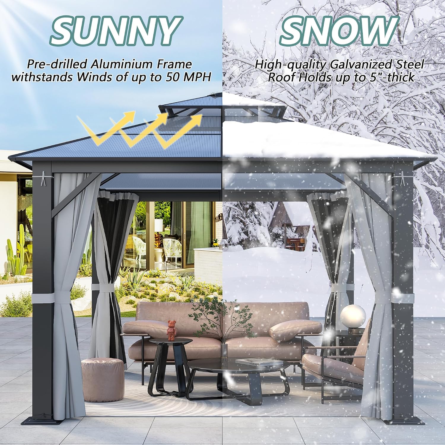 10'x10' Hardtop Gazebo, Upgrade Outdoor Polycarbonate Gazebos with Netting and Curtains, Heavy Duty Metal Pavilion for Patio, Backyard, Deck and Lawn
