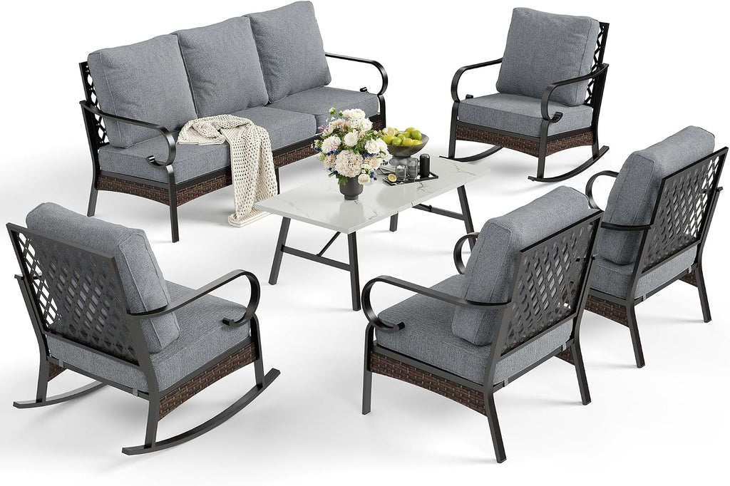 SUNSHINE VALLEY 6 Piece Metal Outdoor Patio Furniture Set, Patio Conversation Set with 1 3-Seater & 2 Fixed Sofas, 2 Rocking Sofas, 5.75' Thick Cushion & Coffee Table, Black & Gray Backyard Furniture