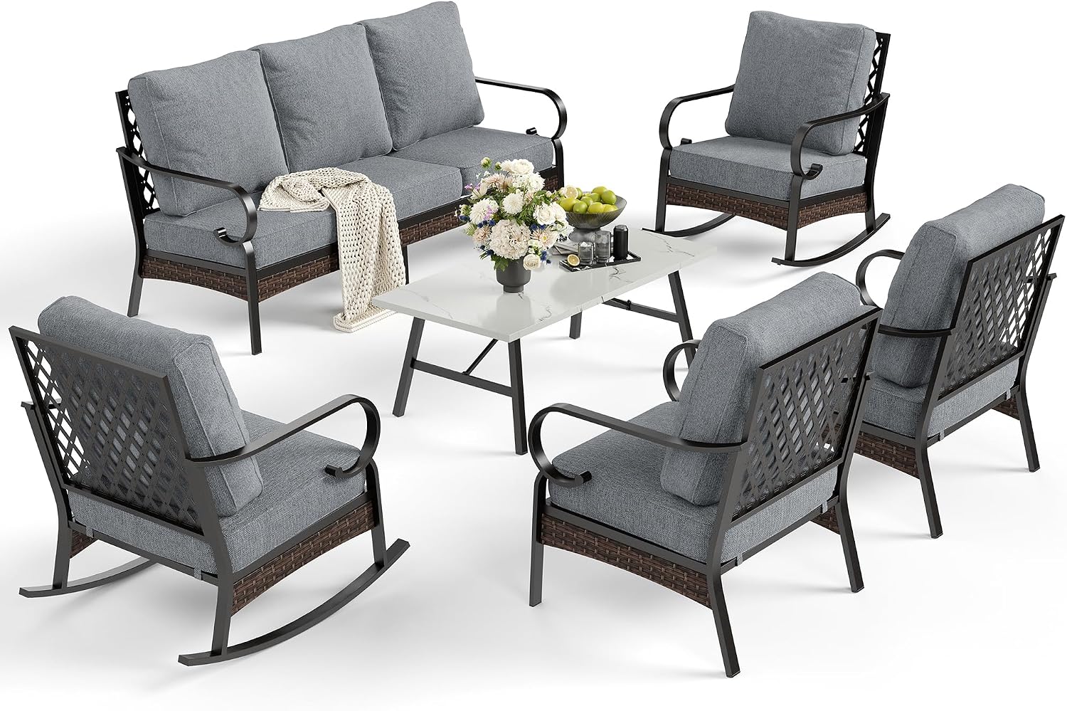 SUNSHINE VALLEY 6 Piece Metal Outdoor Patio Furniture Set, Patio Conversation Set with 1 3-Seater & 2 Fixed Sofas, 2 Rocking Sofas, 5.75' Thick Cushion & Coffee Table, Black & Gray Backyard Furniture