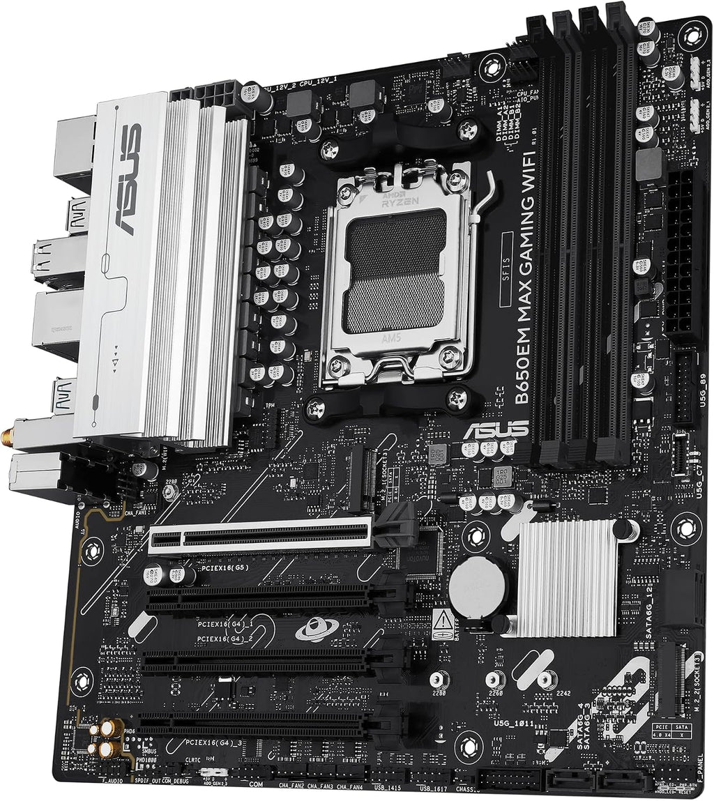 ASUS B650EM MAX Gaming WiFi AMD B650 mATX Motherboard, DDR5, PCIe 5.0 Ready, 3X M.2 Slots, WiFi6, 1Gb Ethernet, DisplayPort, HDMI, Rear USB 10Gbps Type-A & Type-C Ports, BIOS Flashback, Aura Sync