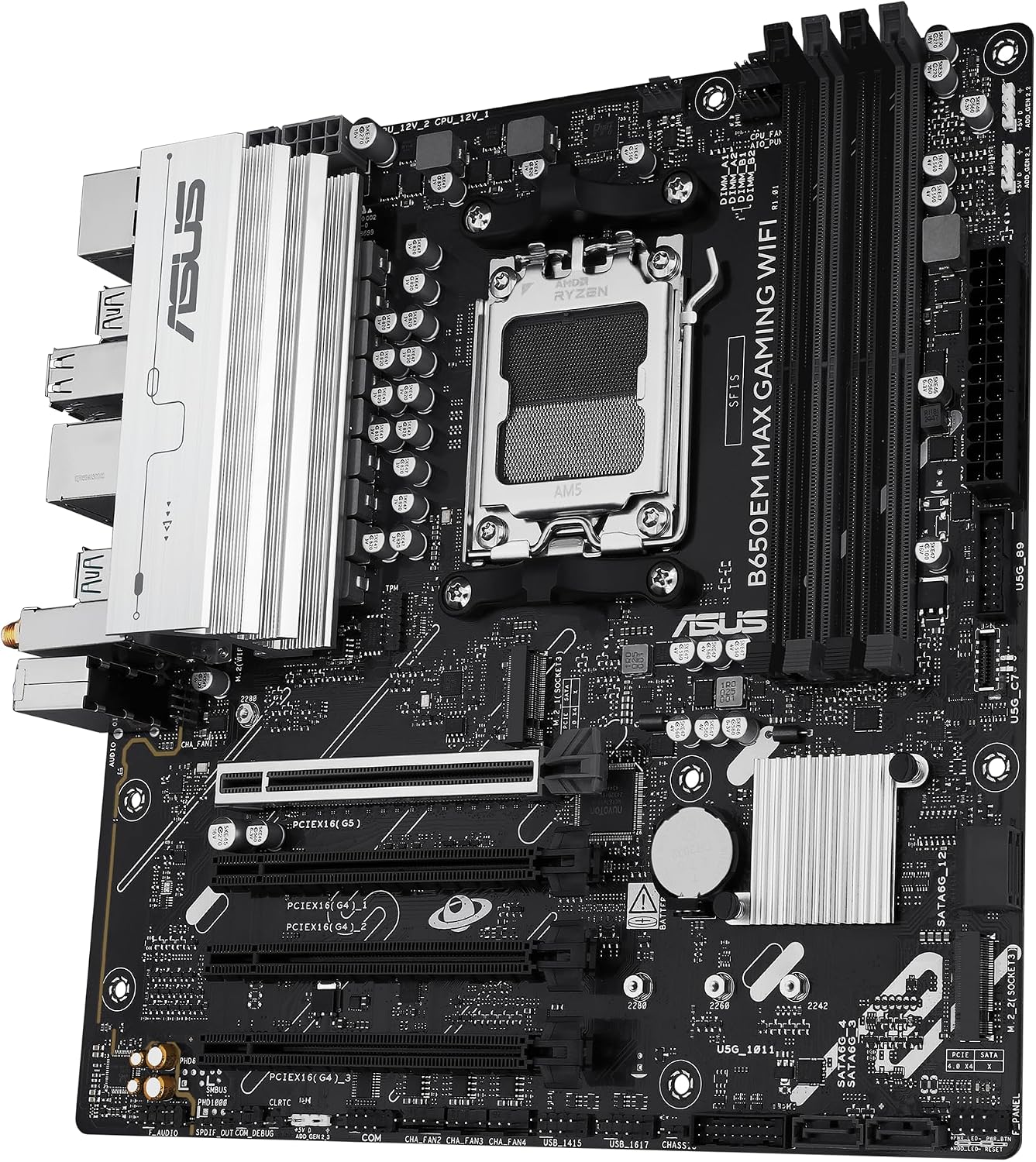 ASUS B650EM MAX Gaming WiFi AMD B650 mATX Motherboard, DDR5, PCIe 5.0 Ready, 3X M.2 Slots, WiFi6, 1Gb Ethernet, DisplayPort, HDMI, Rear USB 10Gbps Type-A & Type-C Ports, BIOS Flashback, Aura Sync