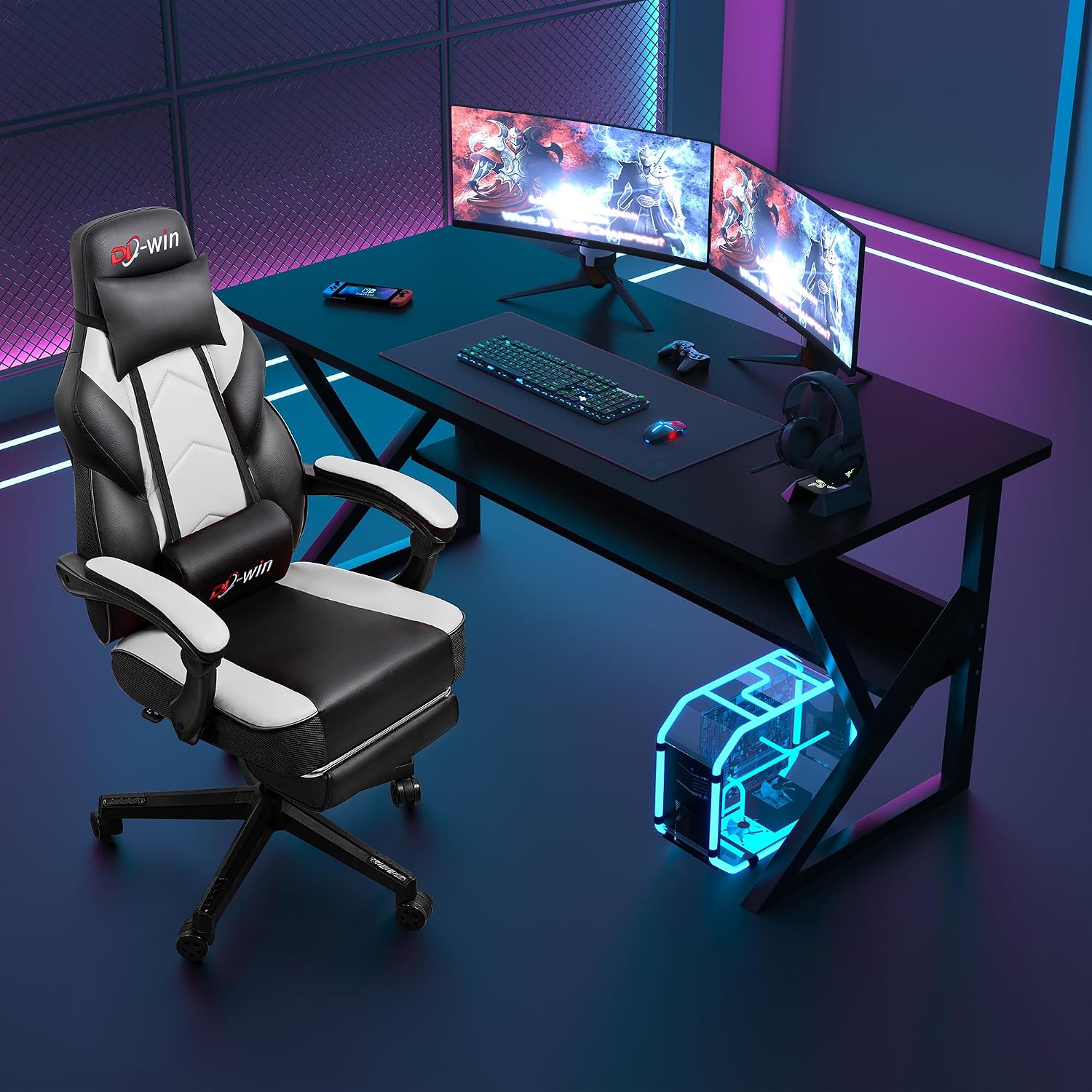 DL-win Video Gaming Chair for Adults, Computer Chair with Footrest and Ergonomic High Back, Big and Tall Gamer Chair with Massage Lumbar Support, 360° Swivel Height Adjustable Computer Chair, White