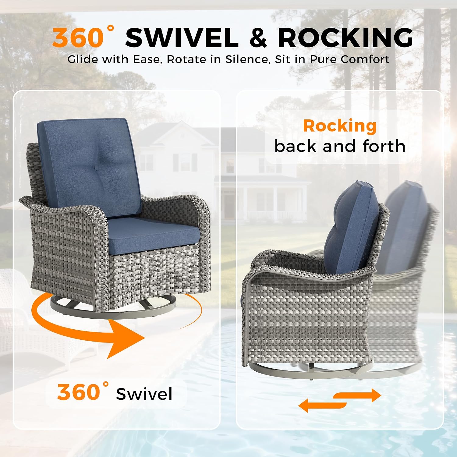 8-Seat Outdoor Wicker Patio Furniture Set with Fire Pit Table, Modular Rattan Sectional Sofa & 2 Swivel Rocking Chairs, 4' Thick Cushions, Rust-Resistant Frame,Navy