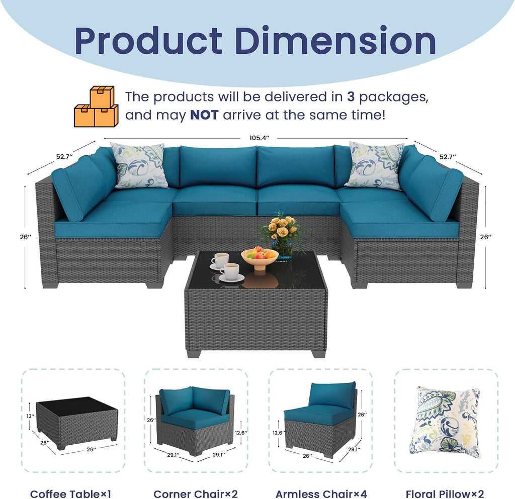 8 Piece Outdoor Patio Furniture Set, Outdoor Sectional Furniture, Rattan & Wicker Modern Modular Conversation Set Sofa Couch W/Water Resistant Washable Thick Cushions and Coffee Table, Peacockblue