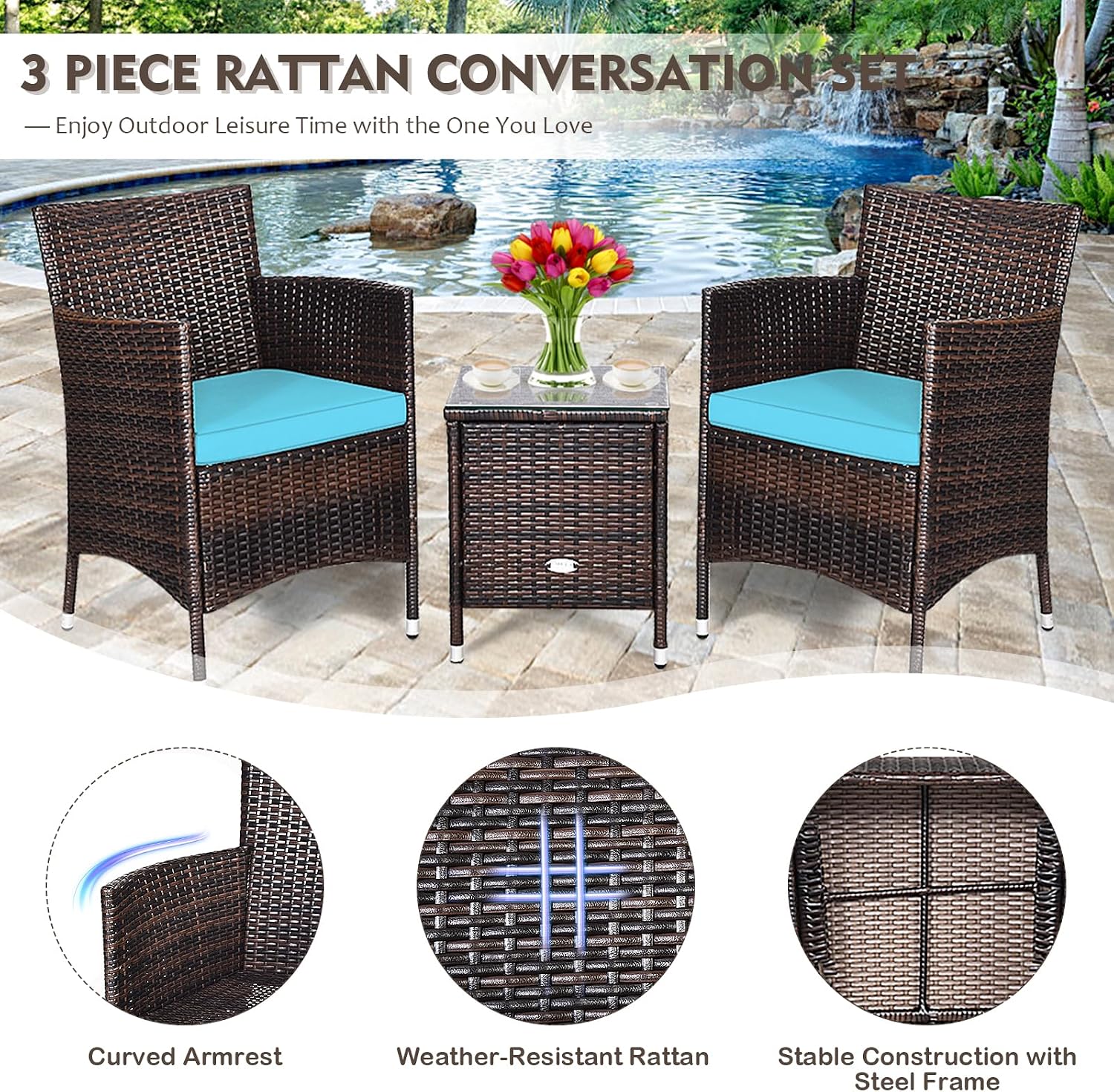 DORTALA Wicker Patio Furniture Set 3 Piece, Small Outdoor Table & Chairs Set with Cushions, All-Weather Rattan Conversation Bistro Set for Balcony, Porch, Backyard, Deck, Turquoise