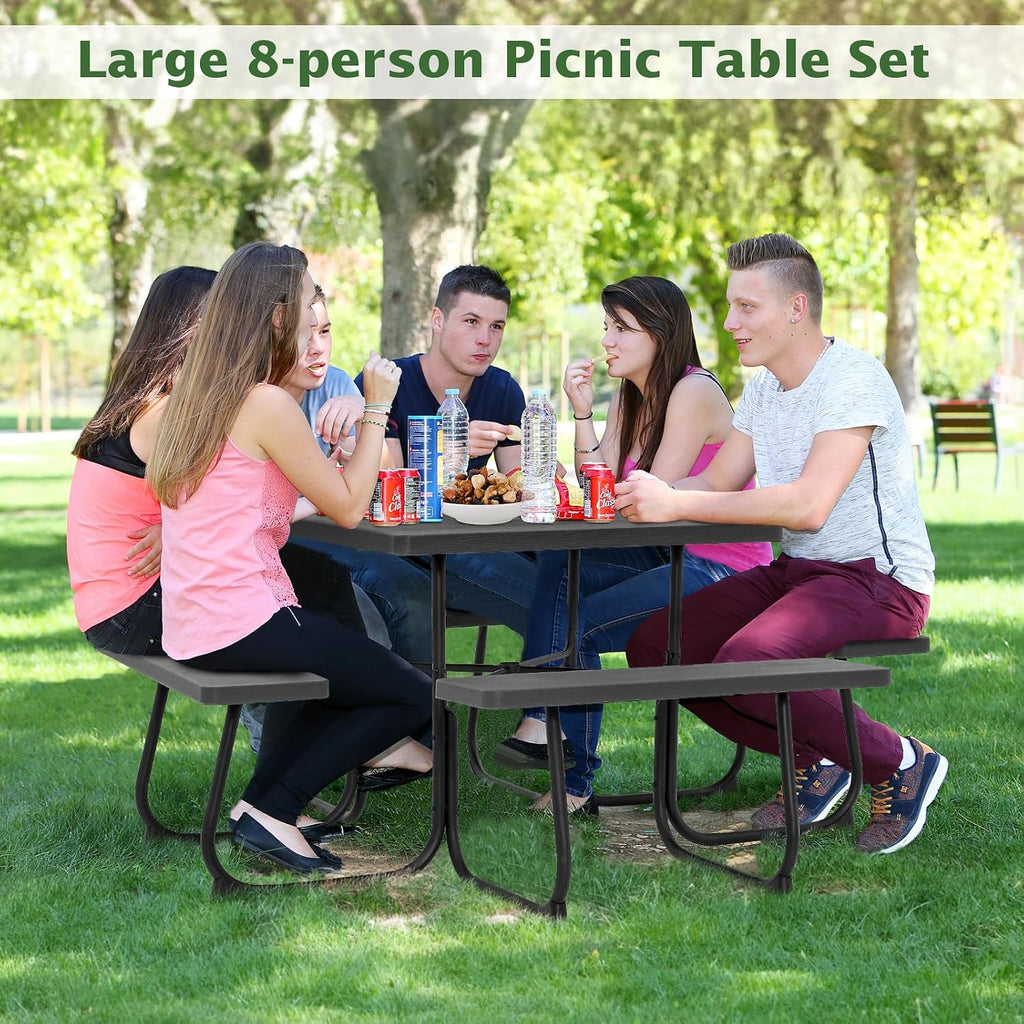 Giantex Picnic Table Bench Set for 8 Persons, Square Outdoor Table with Umbrella Hole, HDPE Top & Metal Frame, 2000LBS Capacity, Patio Table Bench Set for Deck Backyard Garden, Black