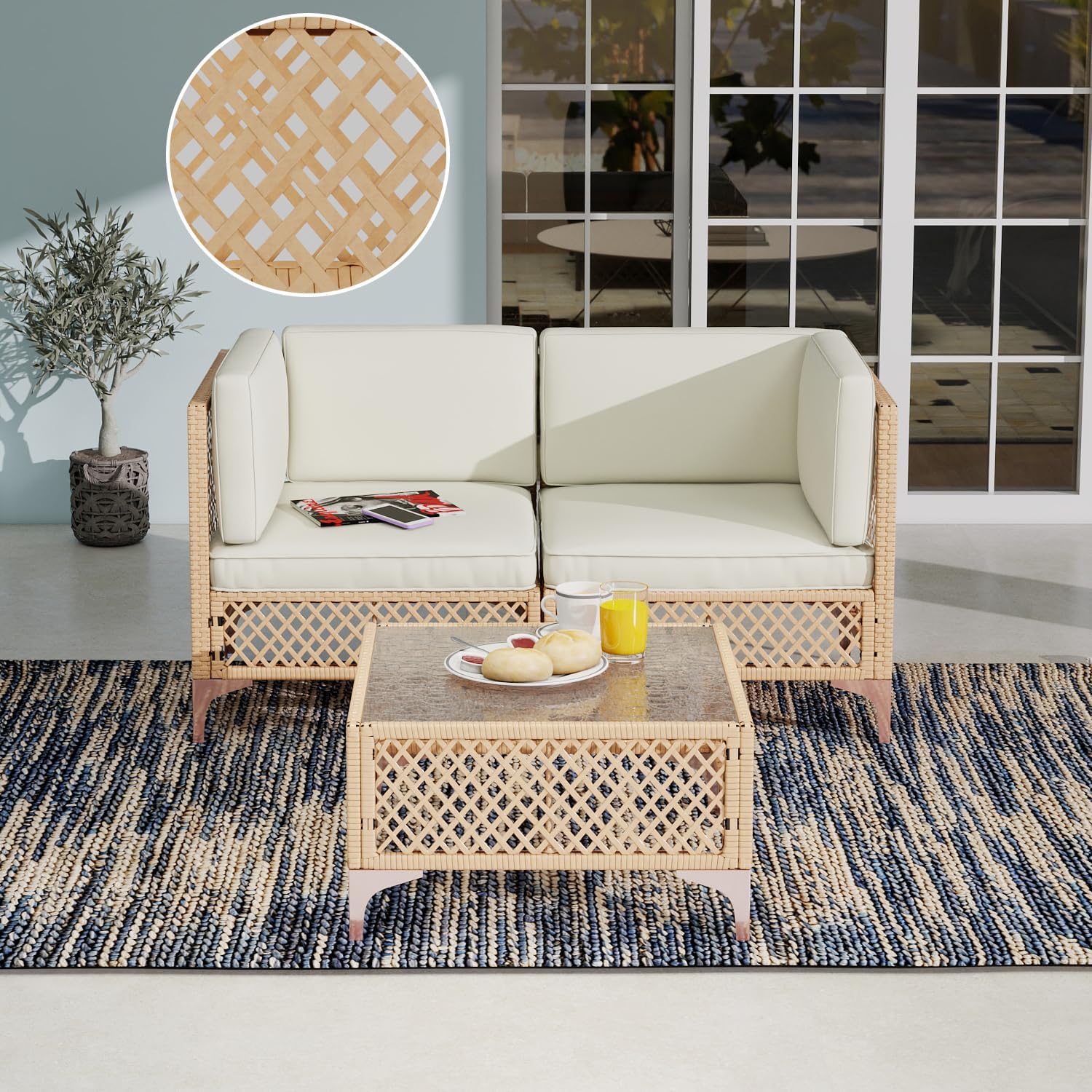 3 Piece Patio Furniture Set, Wicker Outdoor Sectional Couch Set, Bohemia Porch Furniture 2 Seater with Lumbar Pillows, Outdoor Sofa with Large Coffee Glass Table for Patio, Balcony