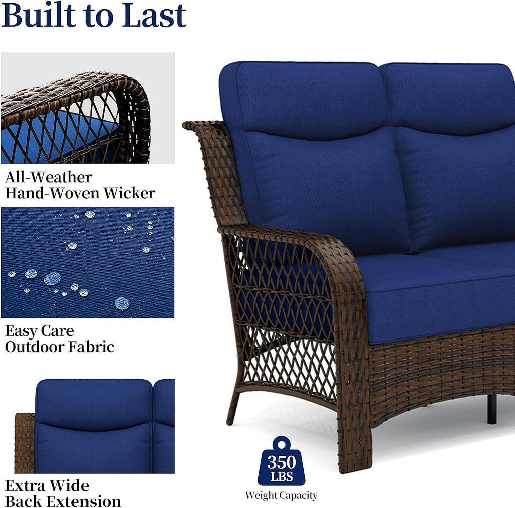 PIZZELLO 4 Pieces Patio Furniture Set w/ 5' Cushions and 25' Full Support Back, Outdoor Loveseat Couch, Swivel Rocker Patio Chairs and Side Table, Wicker Sectional Conversation Set for Backyard
