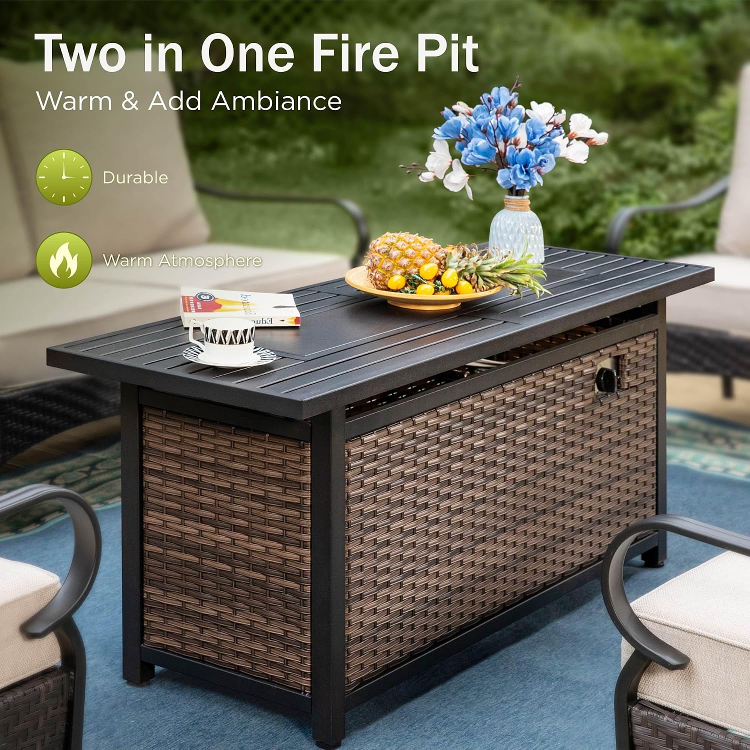 Patio Furniture Set with 56' Fire Pit Table, Premium Outdoor Wicker Metal Frame Furniture with Upgraded Waterproof Thick Cushions for Porch, Poolside, Deck, and Yard （8 Pieces,Beige）