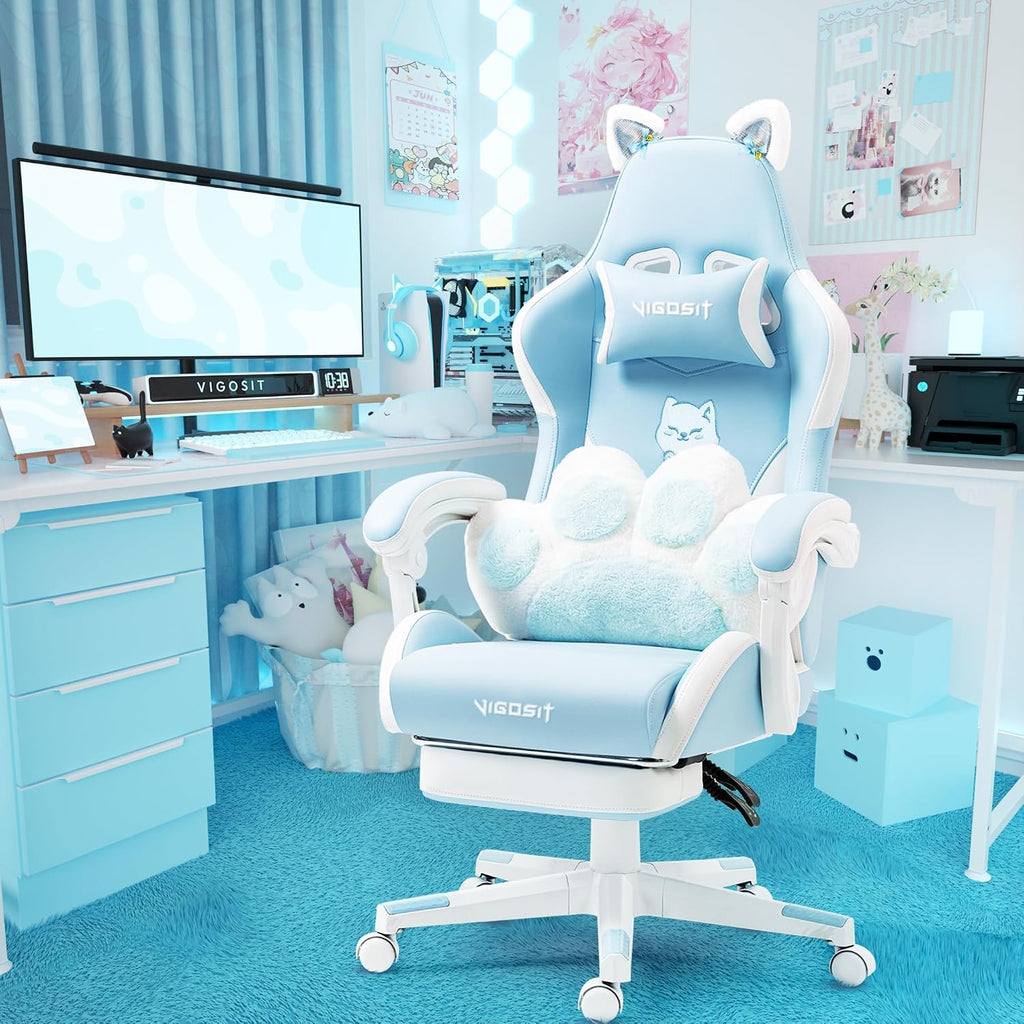 Vigosit Cat Ears Gaming Chair - Ergonomic PU Leather Office Chair, Cute Chair with Footrest for Adult 310lbs Capacity, 90°-155° Reclining paw Pillow, Blue