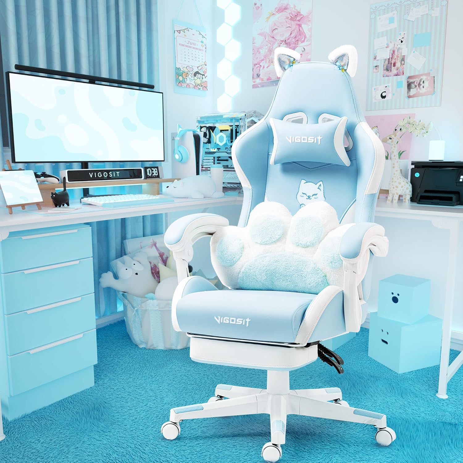 Vigosit Cat Ears Gaming Chair - Ergonomic PU Leather Office Chair, Cute Chair with Footrest for Adult 310lbs Capacity, 90°-155° Reclining paw Pillow, Blue
