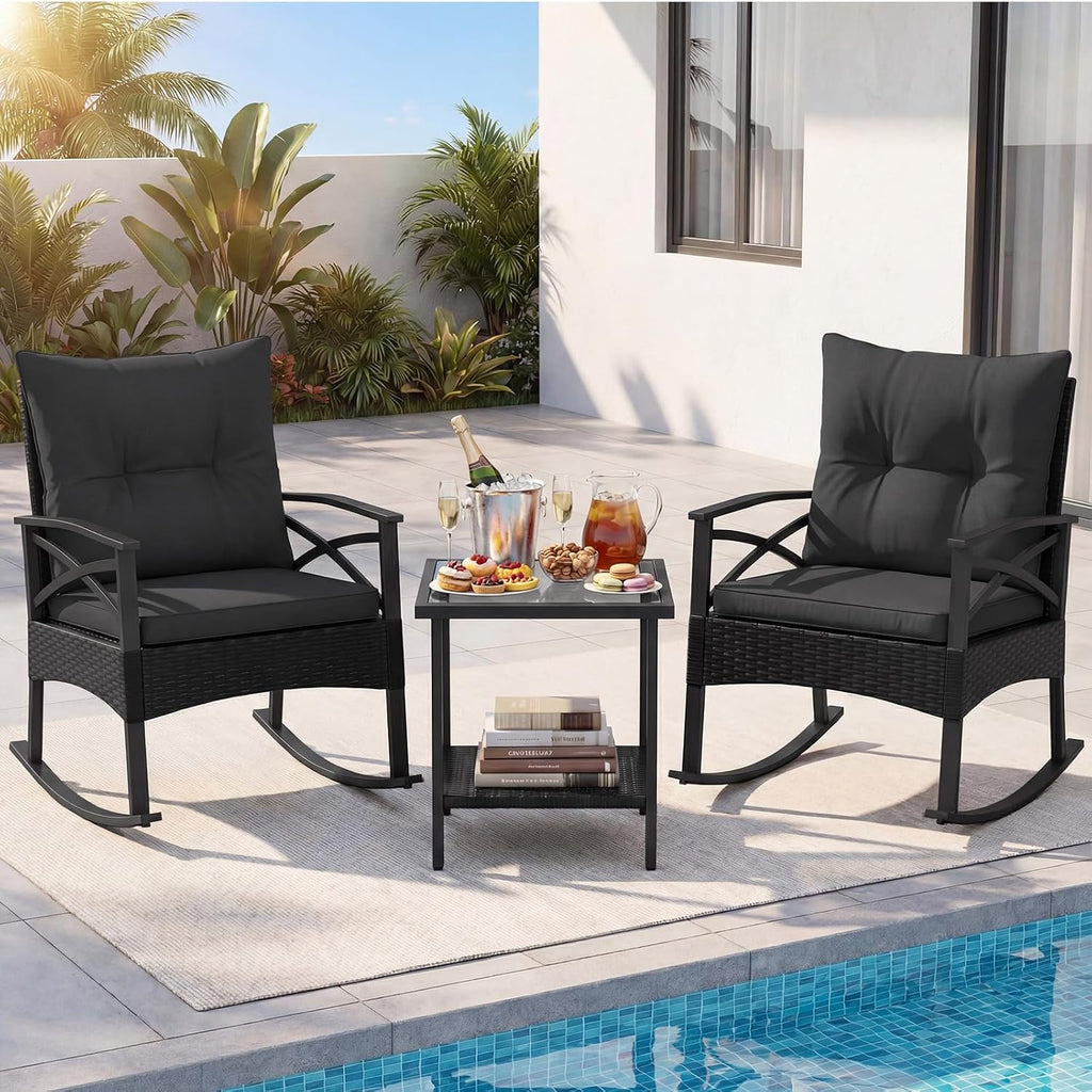 Tangkula 3 Pieces Outdoor Rocking Chairs Set, Rattan Heavy Duty Cushioned Rocker Chairs with 2-Tier Tempered Glass Coffee Table, for Garden, Balcony, Backyard (Black+Gray)