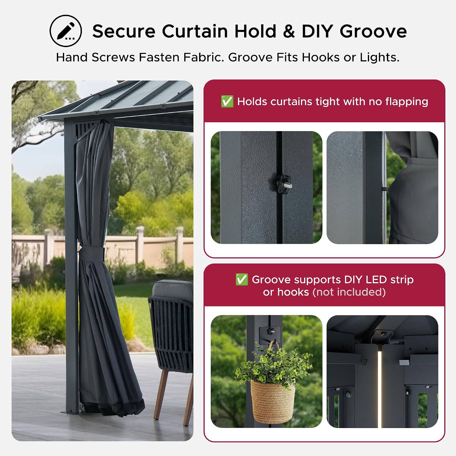 SUNJOY Kingston 14' x 12' Hardtop Gazebo with Galvanized Steel/Polycarbonate Double Roof, Curtain and Netting, Gray Aluminum Posts Permanent Pavilion Gazebo for Garden, Patio, Deck, Lawn