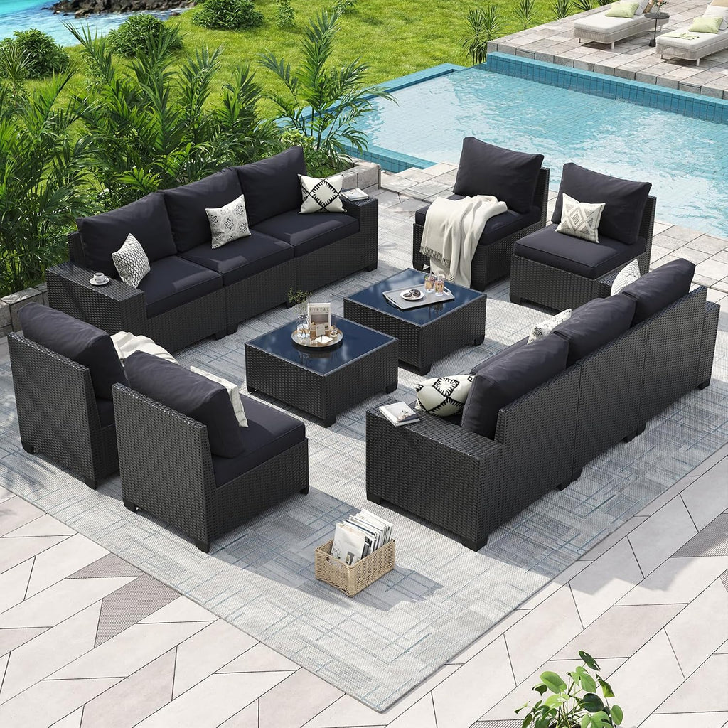 Aoxun Patio Furniture Set, 12 Pcs Outdoor Patio Furniture Sets with 4 in Thicken Cushion and Coffee Table, Widen Armrests Wicker Outdoor Sectional for Backyard & Garden, Black