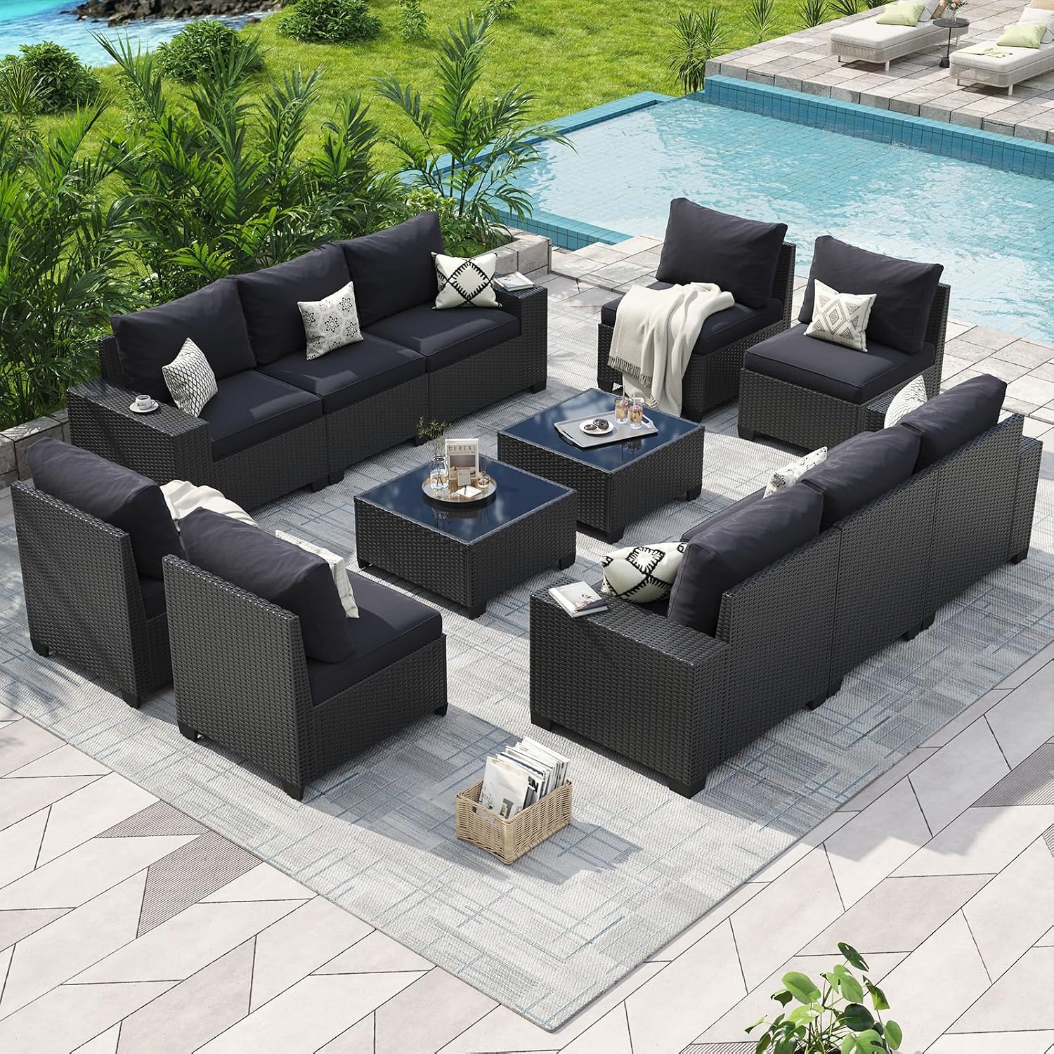 Aoxun Patio Furniture Set, 12 Pcs Outdoor Patio Furniture Sets with 4 in Thicken Cushion and Coffee Table, Widen Armrests Wicker Outdoor Sectional for Backyard & Garden, Black