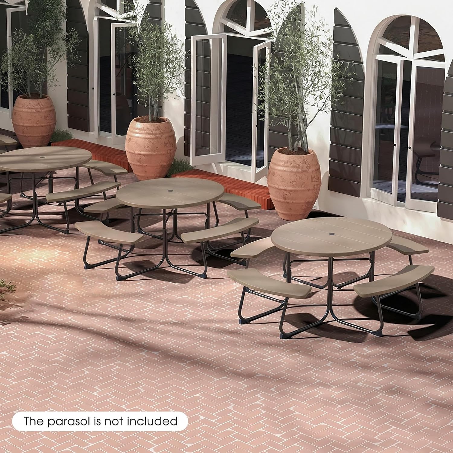 Giantex Picnic Table Set for Up to 8 Persons, Round Outdoor Table and Bench Set with Umbrella Hole, HDPE Top & Metal Frame, 2000LBS Capacity, Patio Table Bench for Deck Backyard Garden, Coral Reef