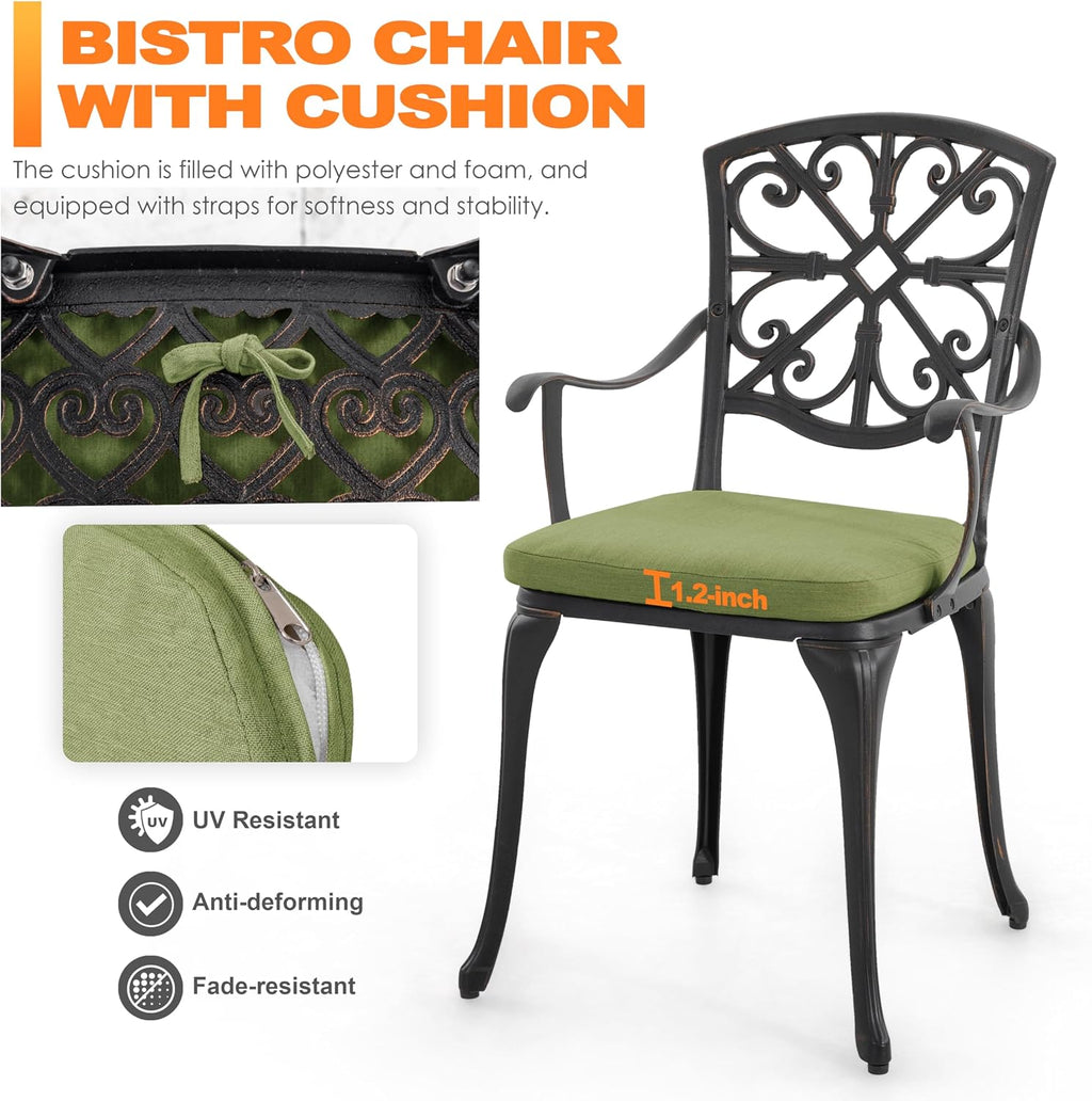 NUU GARDEN 3-Piece Outdoor Bistro Set with Cushions, Round 24 Inch Cast Aluminum Round Table with 1.77' Umbrella Hole and 2 Cast Aluminum Armchairs with Cushions, Black with Gold-Painted Edge