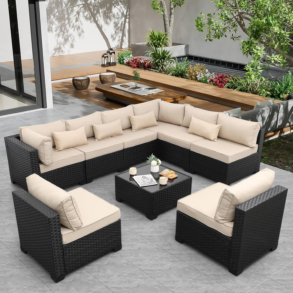 Rattaner 9 Pieces Outdoor Sectional All-Weather Wicker Patio Furniture Set Patio Sectional Glass Patio Table Non-Slip Cushions and Waterproof Covers, Khaki