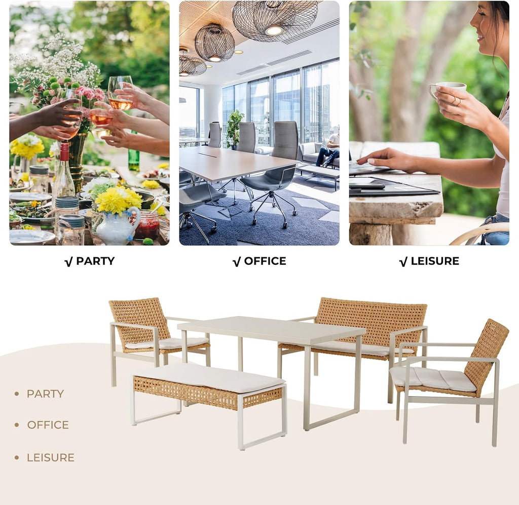 Grand patio 5-piece Outdoor Dining Set, Wicker Patio Dining Table Set for 6 with Seat Cushion, Modern Metal Outdoor Furniture Loveseat Chairs Bench Set for Backyard Garden Deck