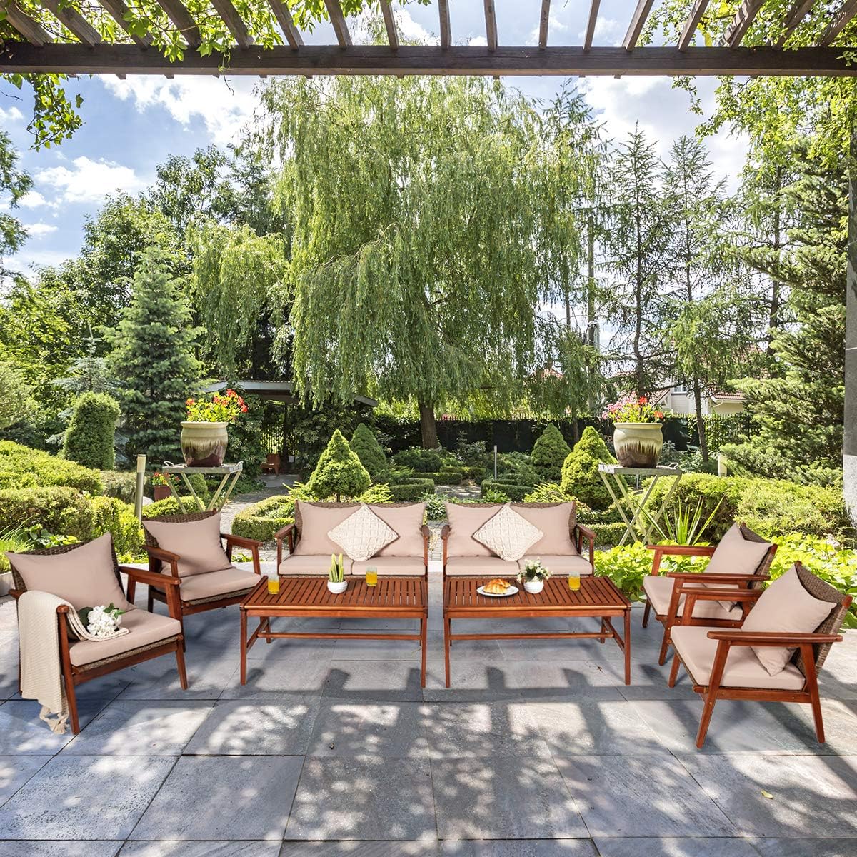 Tangkula 8 PCS Patio Wood Sofa Set, Outdoor Acacia Wood Seating Chat Set with Cushions & Coffee Table, Sectional Conversation Sofa Set for Garden, Backyard, Poolside (2, Brown)