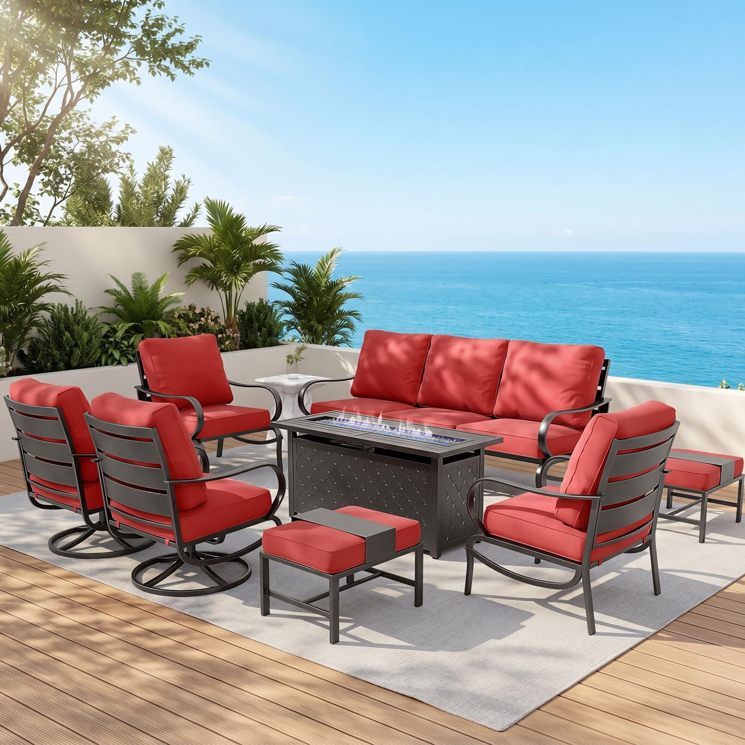 MFSTUDIO 8 Pieces Patio Furniture Sets with 45' Gas Fire Pit Table(Up to 9 Seat),Outdoor Metal Conversation Sofas with 1 x 3-Seat Sofa, 2 Single Chairs,2 Swivel Chairs and 2 Ottoman,Red Cushion