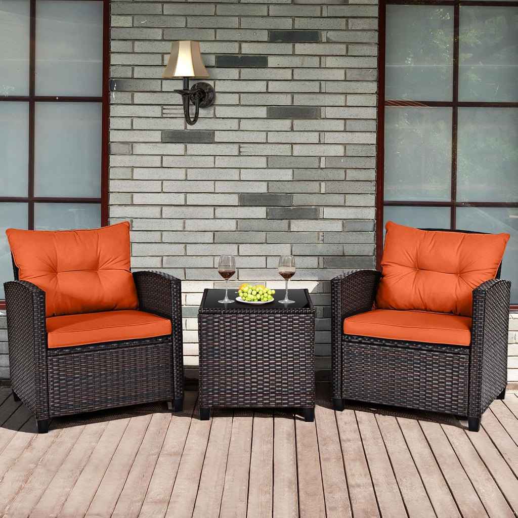 RELAX4LIFE 3 Piece Patio Furniture Set, Wicker Bistro Conversation Set w/2 Cushioned Armchairs & Glass Topped Table, Outdoor Rattan Sofa Set Patio Furniture for Porch Balcony Poolside (Orange)