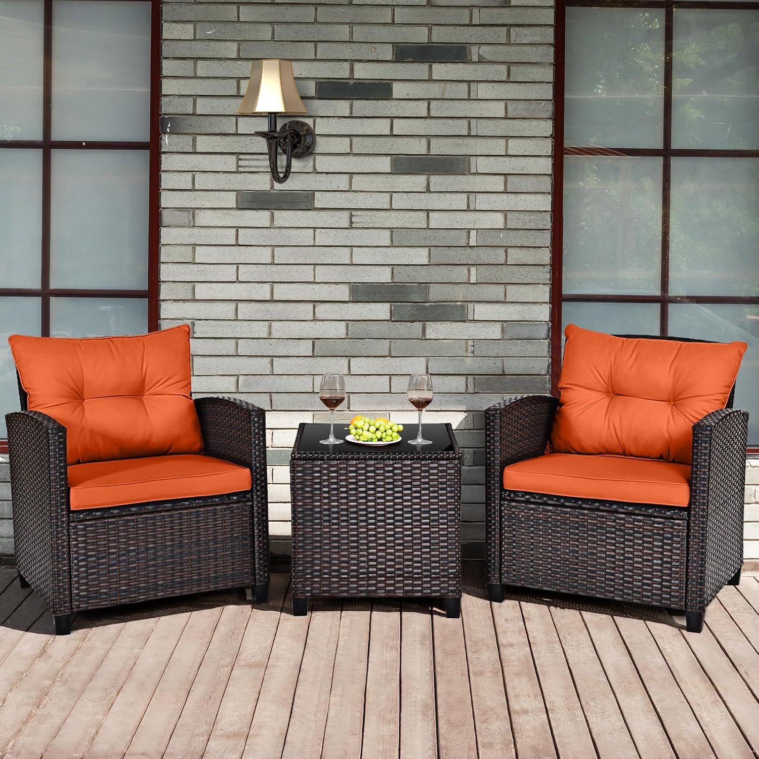 RELAX4LIFE 3 Piece Patio Furniture Set, Wicker Bistro Conversation Set w/2 Cushioned Armchairs & Glass Topped Table, Outdoor Rattan Sofa Set Patio Furniture for Porch Balcony Poolside (Orange)