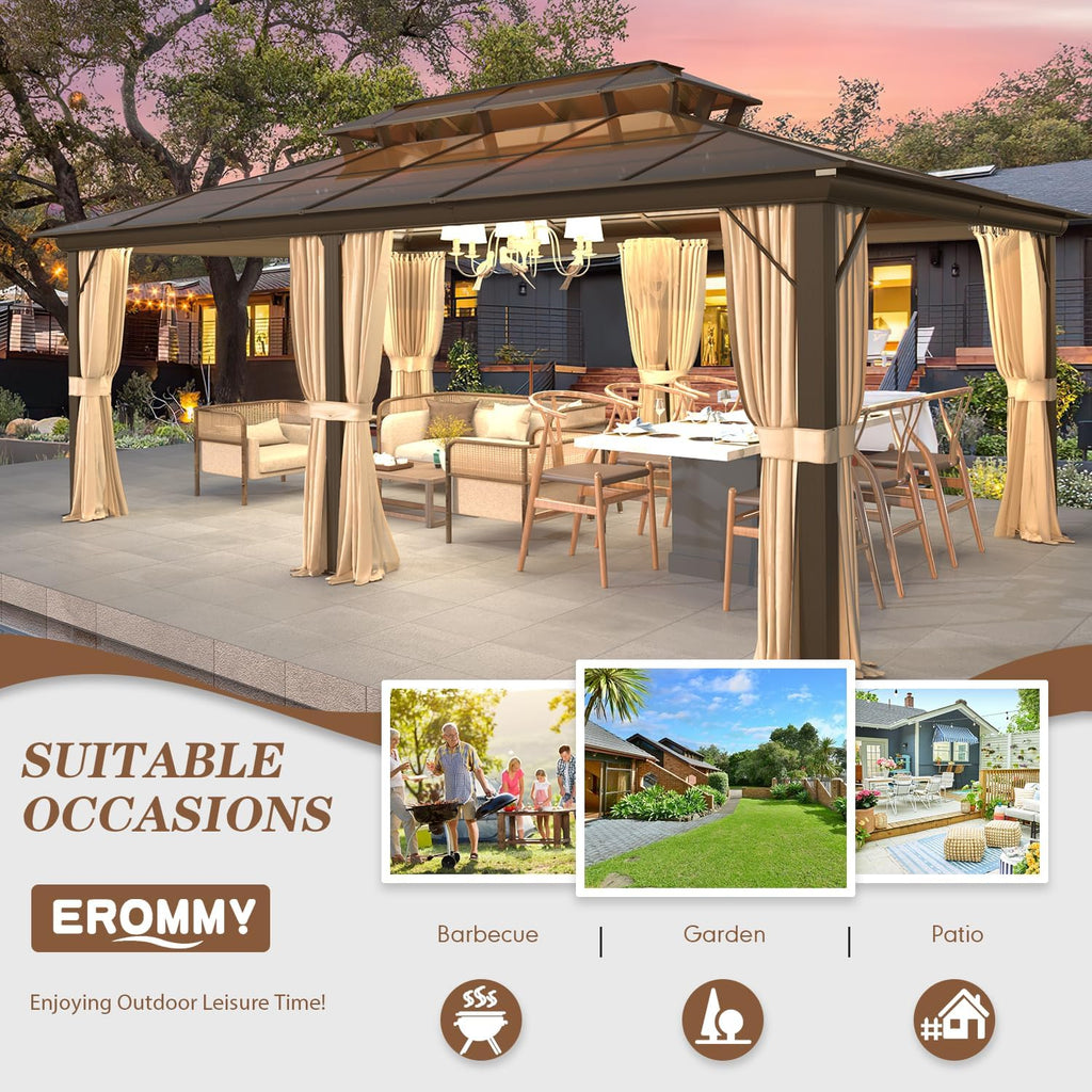 EROMMY 12' x 20' Gazebo Polycarbonate Double Roof Canopy with Aluminum Frame, Outdoor Permanent Metal Pavilion with Netting and Curtains for Garden Patio Lawns