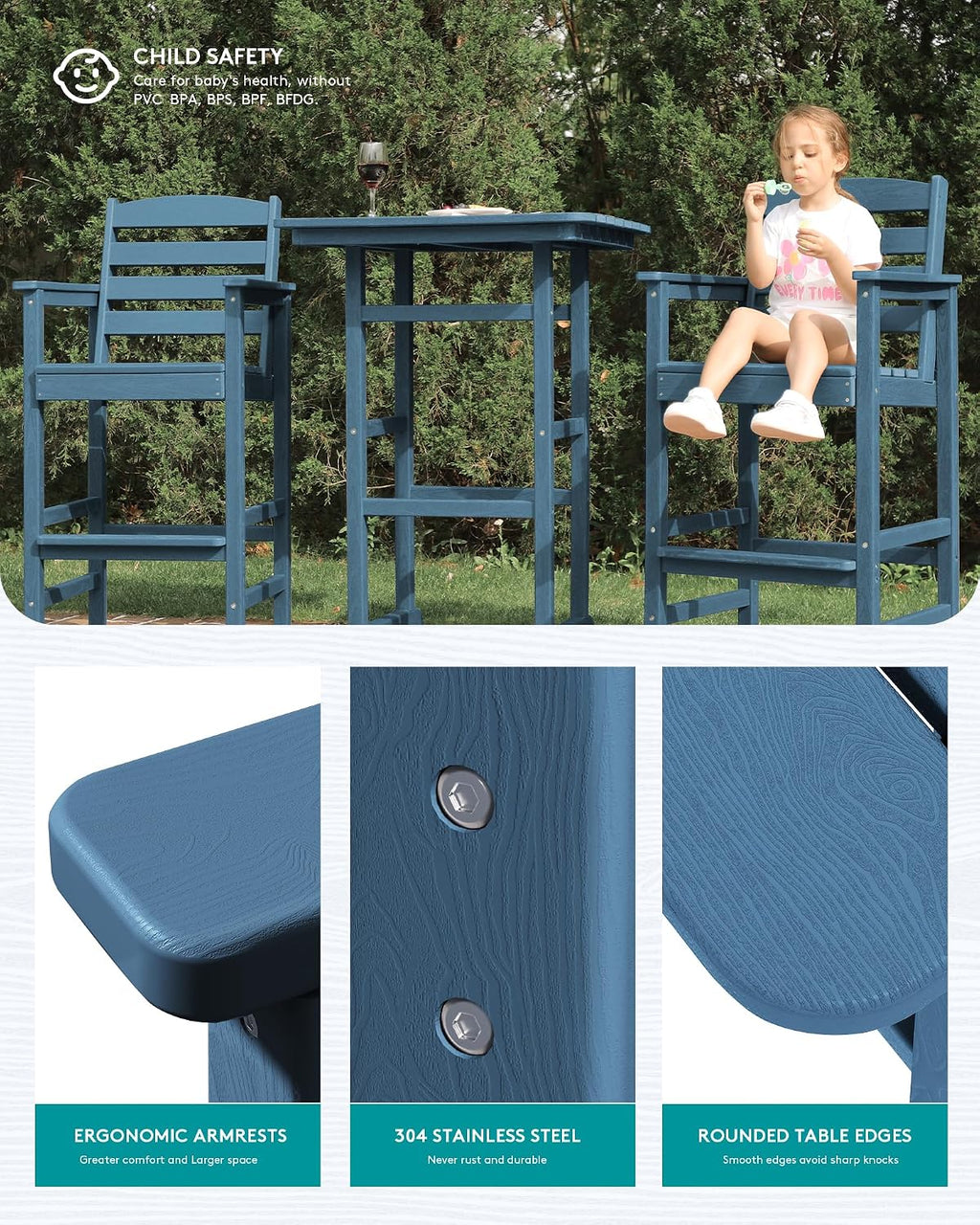 SERWALL 8 Pieces Balcony Adirondack Chairs and Table Set, Adirondack Bar Height Chairs Set of 6 and 2 Bar Table, Outdoor Bar Stools Set, Blue
