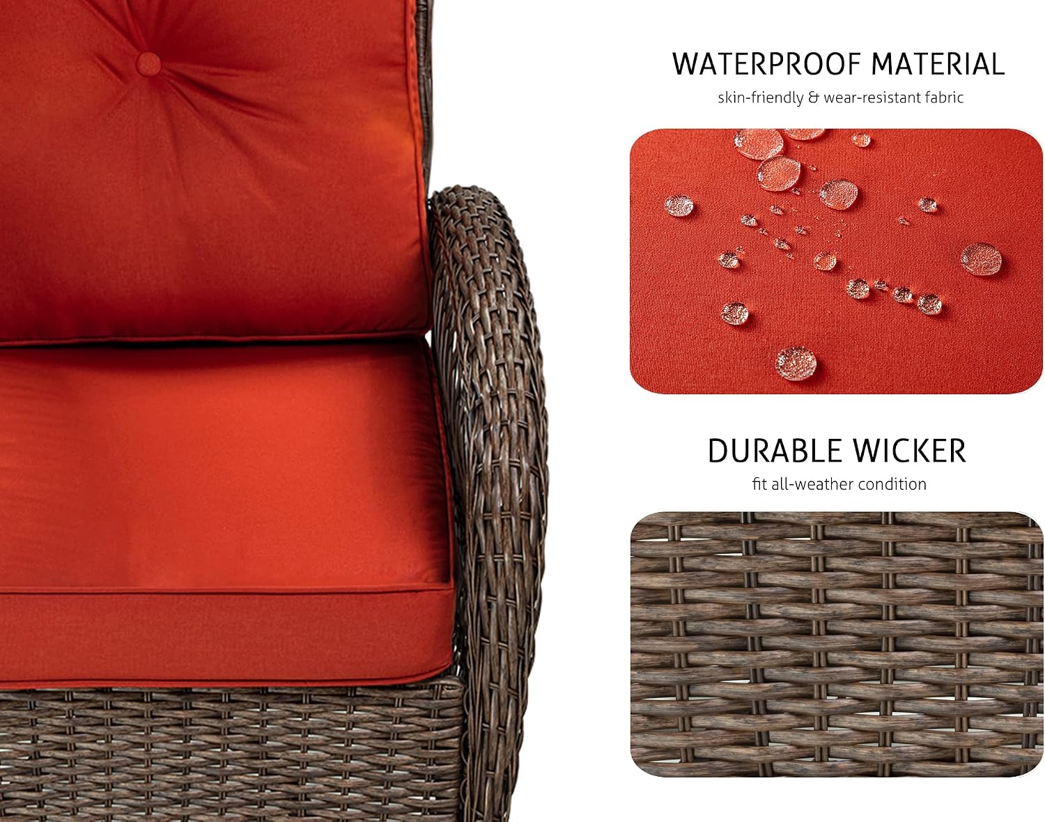 SHA CERLIN 3 Pieces Patio Furniture Set, Outdoor Swivel Glider Rocker, Wicker Patio Bistro Set with Rocking Chair, Cushions and Table (Red)