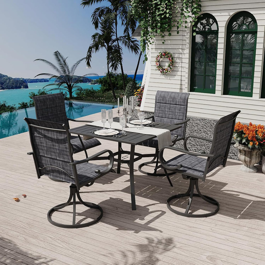 MELLCOM 5 Pieces Outdoor Dining Set, 4 Swivel Rocker Chairs with High Back Textilene & Square Metal Dining Table with Umbrella Hole, Patio Furniture Set for Porch, Garden, Backyard, Deck, Grey