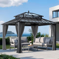 SUNJOY Kingston 12' x 10' Hardtop Gazebo with Galvanized Steel/Polycarbonate Double Roof, Curtain and Netting, Gray Aluminum Posts Permanent Pavilion Gazebo for Garden, Patio, Deck, Lawn